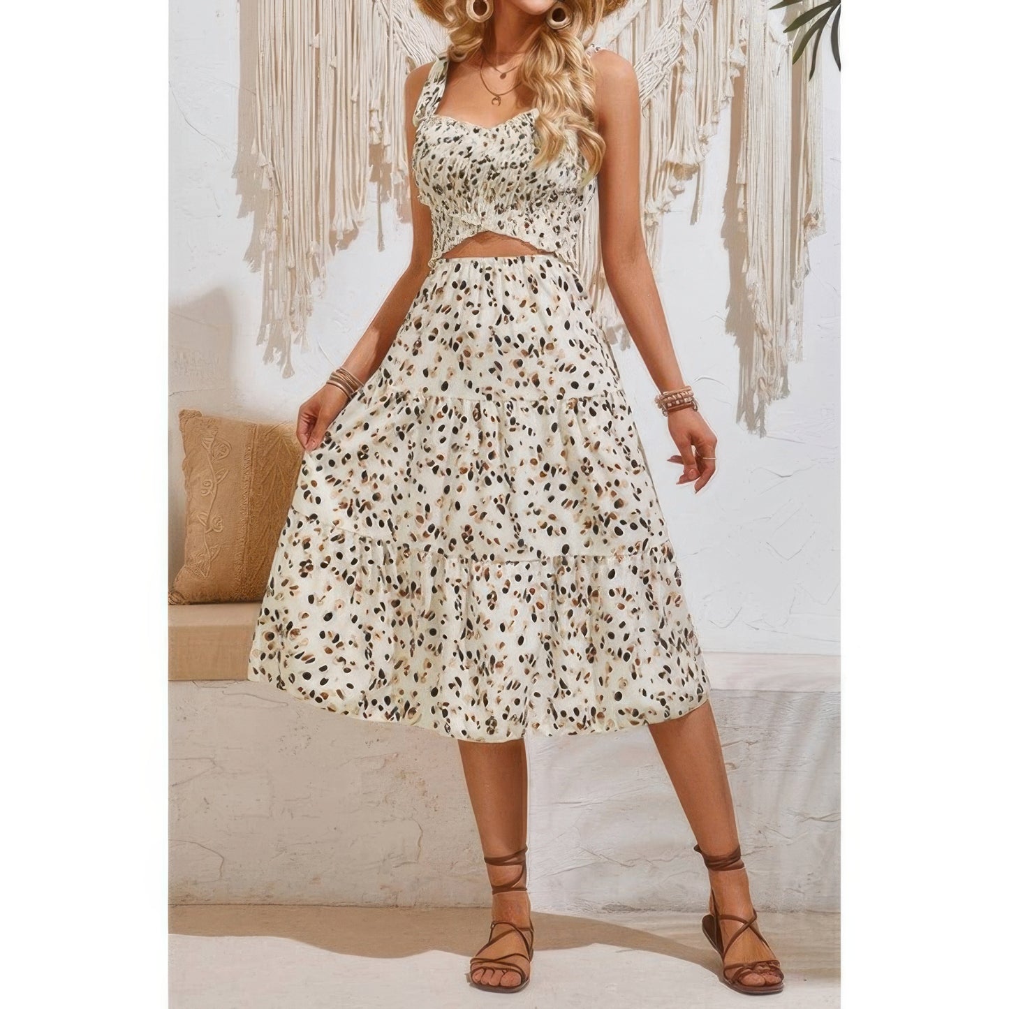 Square Neck Leopard Cut Out Elastic Waist Dress - Tigbul's Variety Fashion Shop