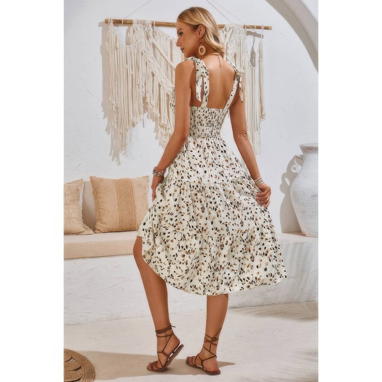 Square Neck Leopard Cut Out Elastic Waist Dress - Tigbul's Variety Fashion Shop