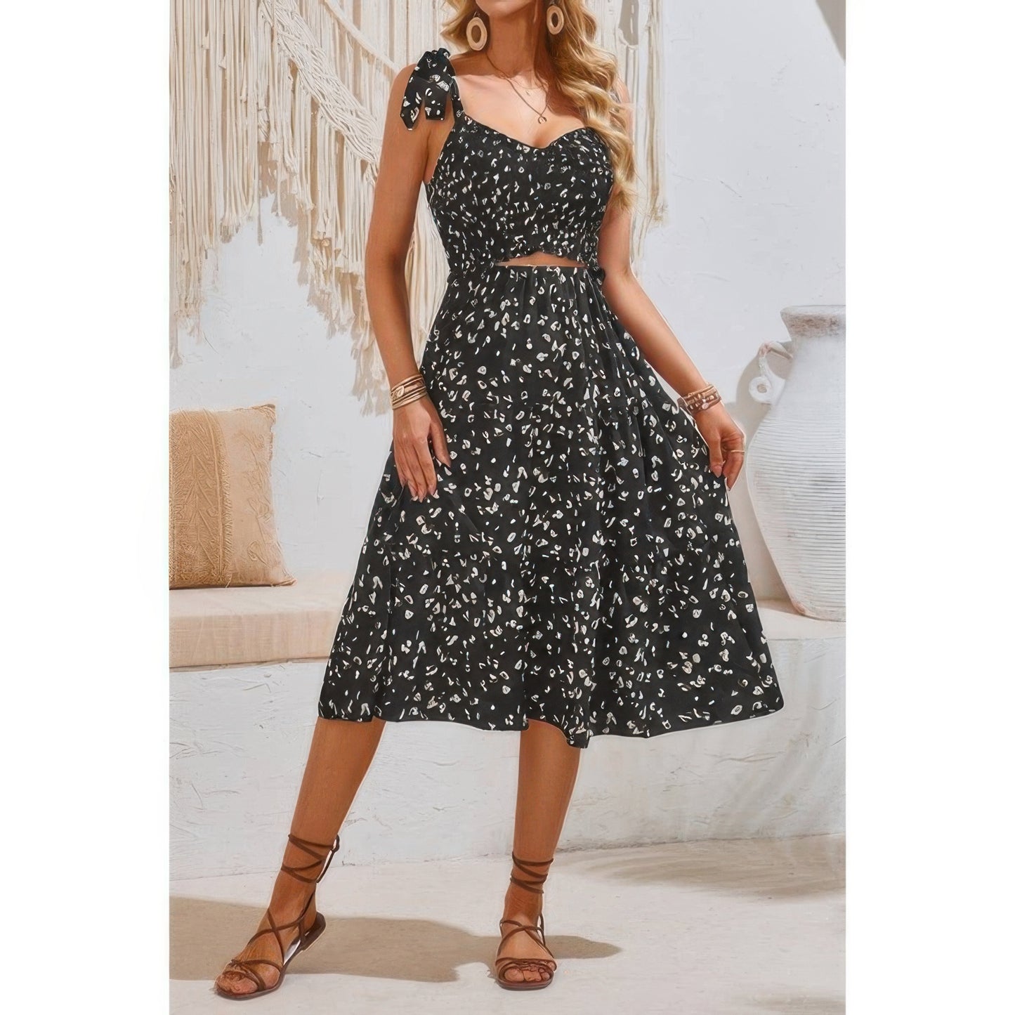 Square Neck Leopard Cut Out Elastic Waist Dress - Tigbul's Variety Fashion Shop