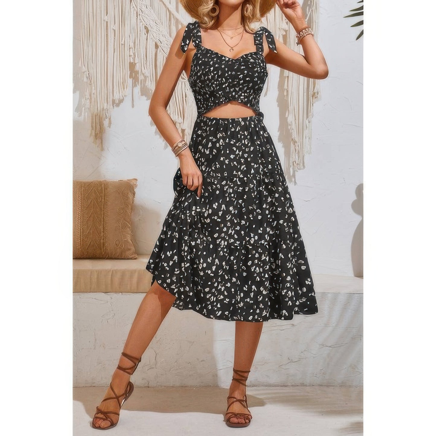Square Neck Leopard Cut Out Elastic Waist Dress - Tigbul's Variety Fashion Shop