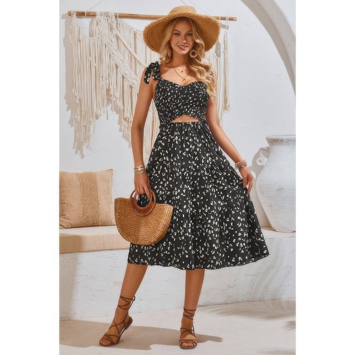 Square Neck Leopard Cut Out Elastic Waist Dress - Tigbul's Variety Fashion Shop