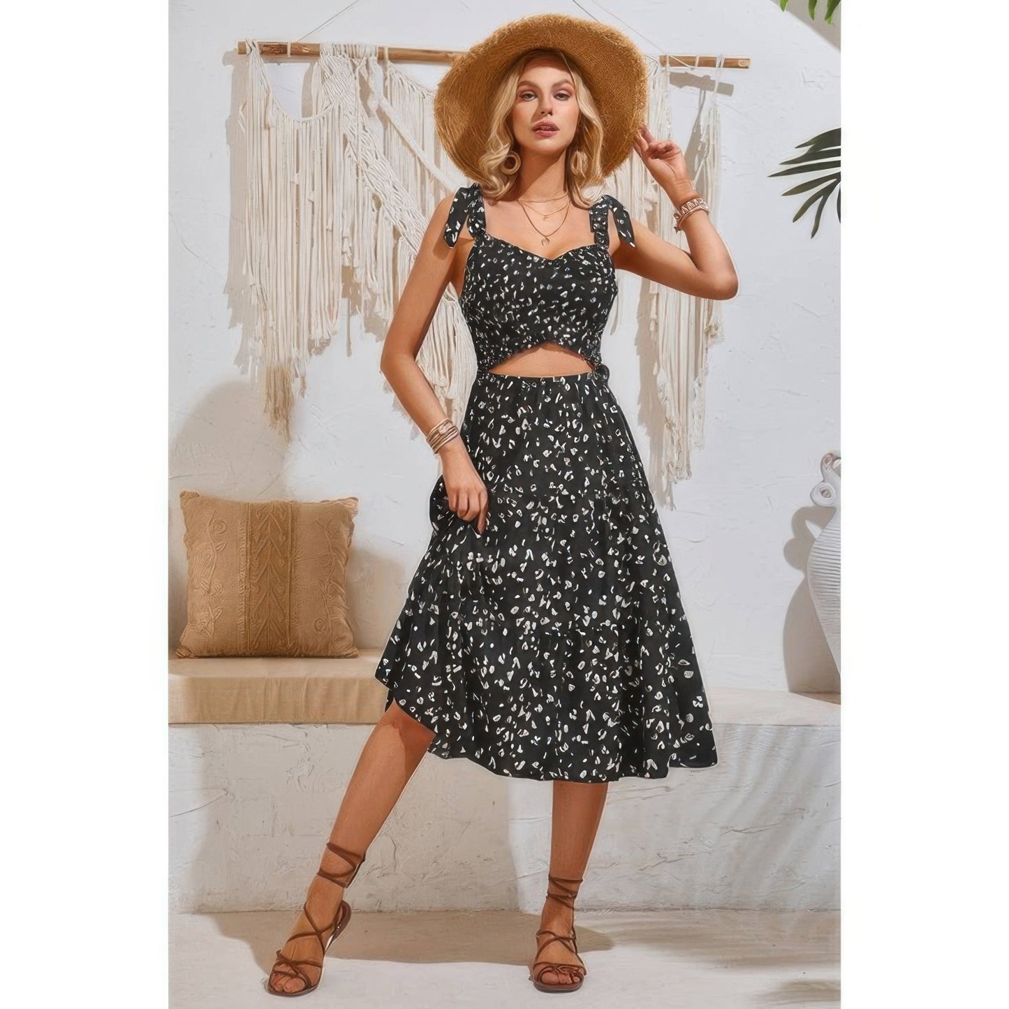 Square Neck Leopard Cut Out Elastic Waist Dress - Tigbul's Variety Fashion Shop