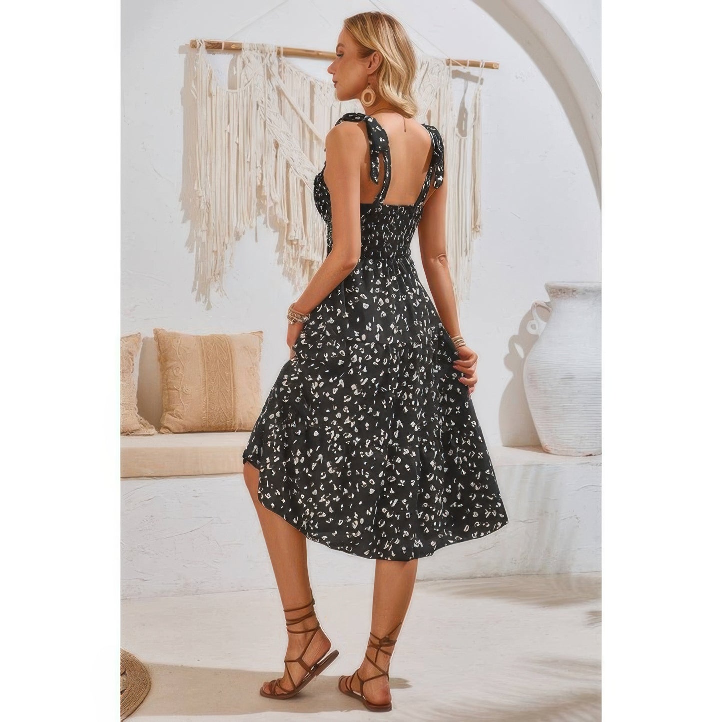 Square Neck Leopard Cut Out Elastic Waist Dress - Tigbul's Variety Fashion Shop
