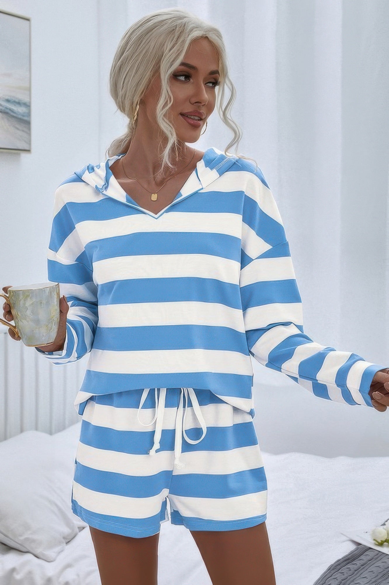 Two Pieces Striped Pajama Oversized Long Sleeves Set - Tigbul's Variety Fashion Shop