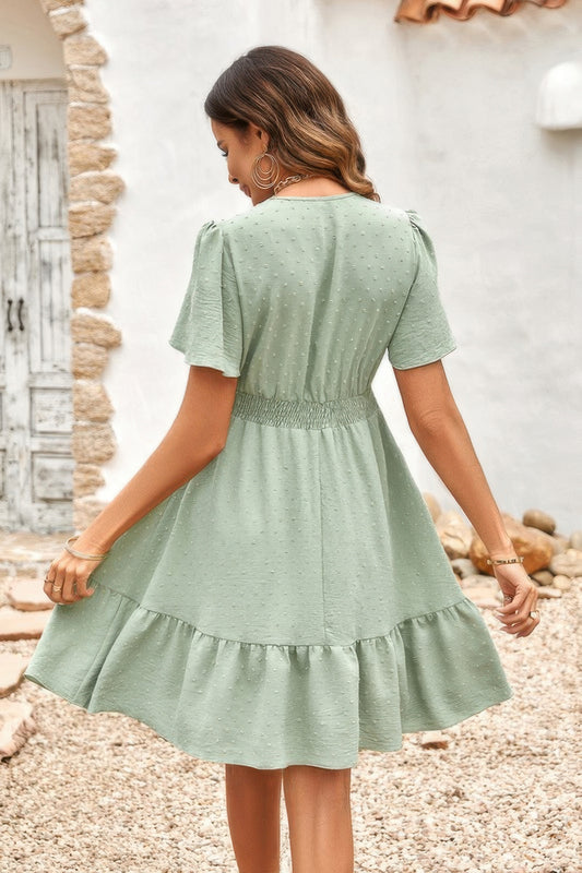 Swiss Dot Cutout Ruffle V Neck Puff Sleeve Dress - Tigbul's Variety Fashion Shop