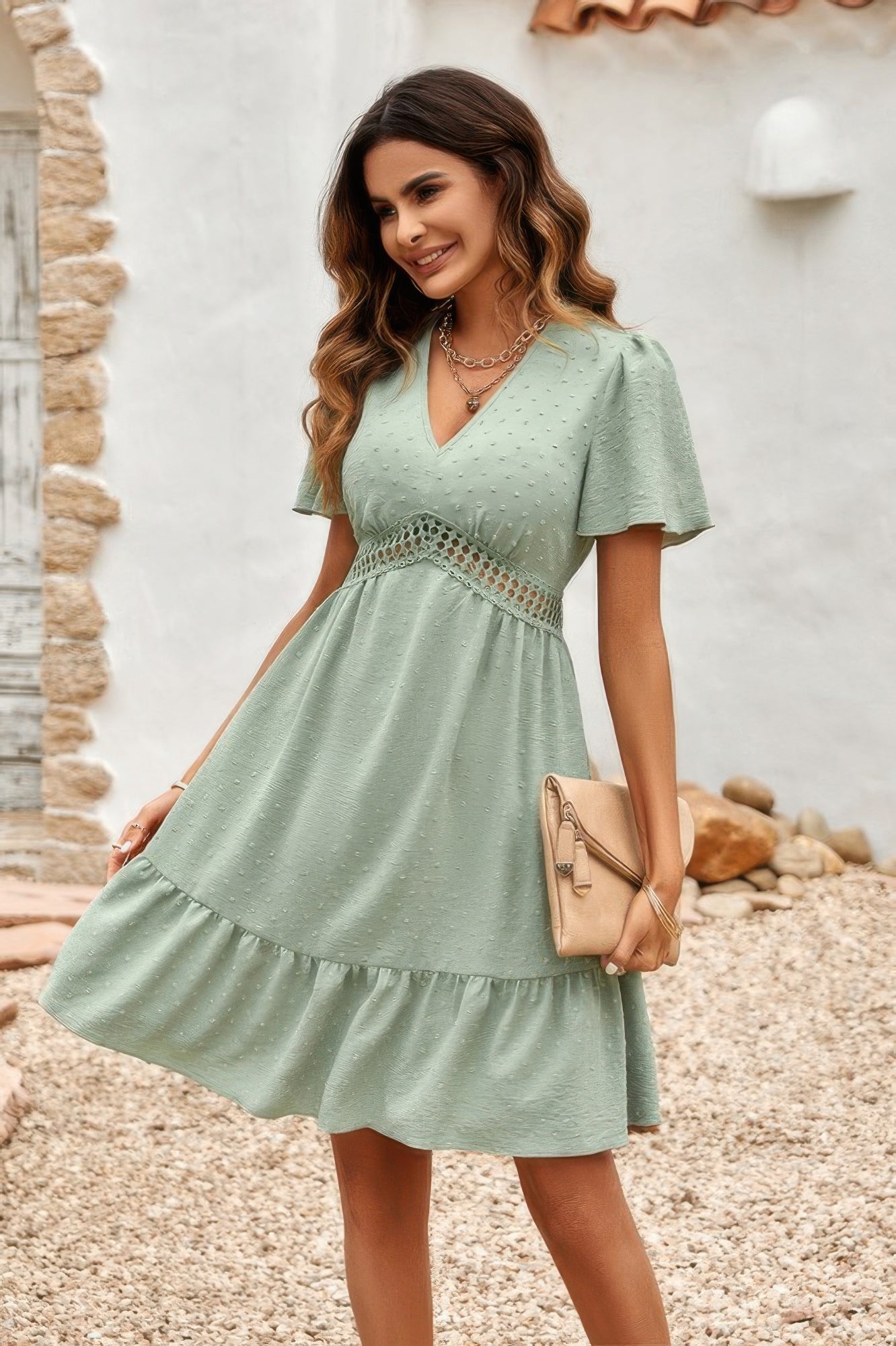 Swiss Dot Cutout Ruffle V Neck Puff Sleeve Dress - Tigbul's Variety Fashion Shop