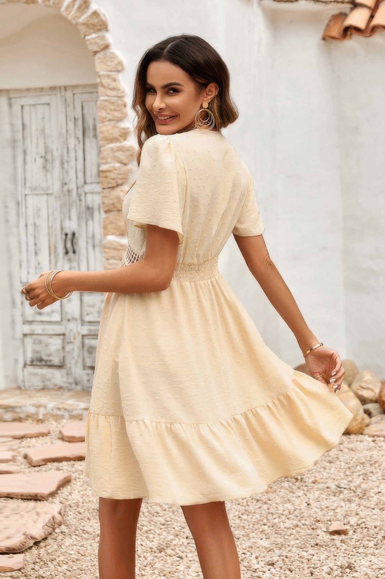 Swiss Dot Cutout Ruffle V Neck Puff Sleeve Dress - Tigbul's Variety Fashion Shop