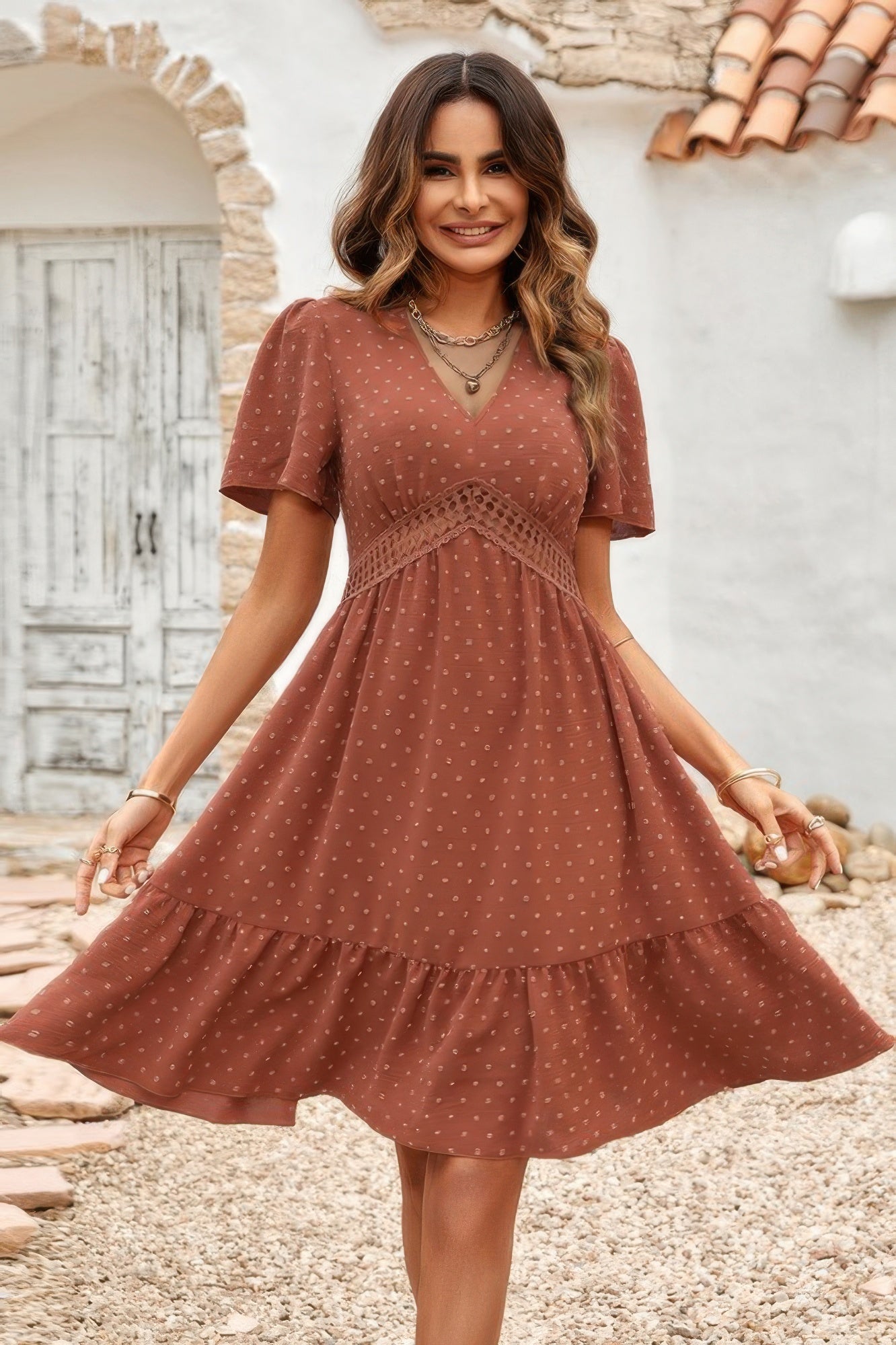 Swiss Dot Cutout Ruffle V Neck Puff Sleeve Dress - Tigbul's Variety Fashion Shop