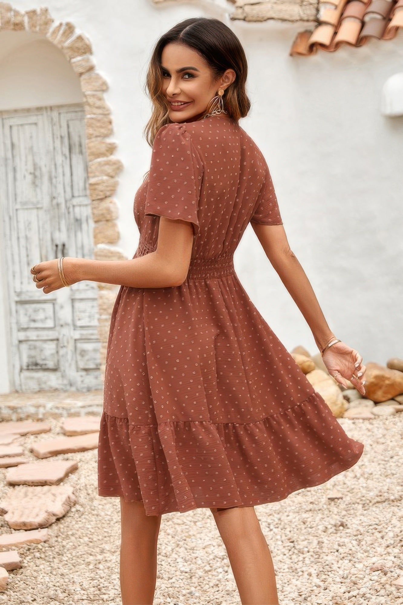 Swiss Dot Cutout Ruffle V Neck Puff Sleeve Dress - Tigbul's Variety Fashion Shop