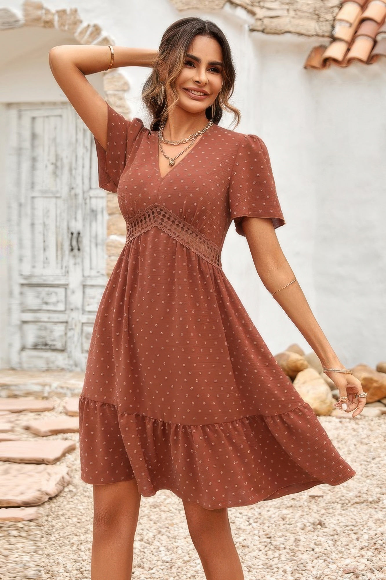 Swiss Dot Cutout Ruffle V Neck Puff Sleeve Dress - Tigbul's Variety Fashion Shop