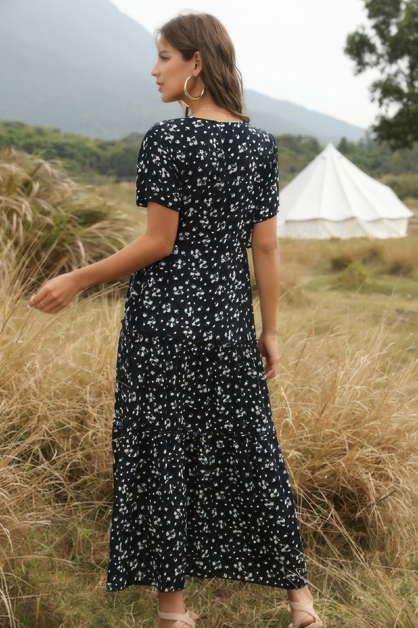 Elegant Floral Ruffle Deep V Neck Slit Dress - Tigbul's Variety Fashion Shop