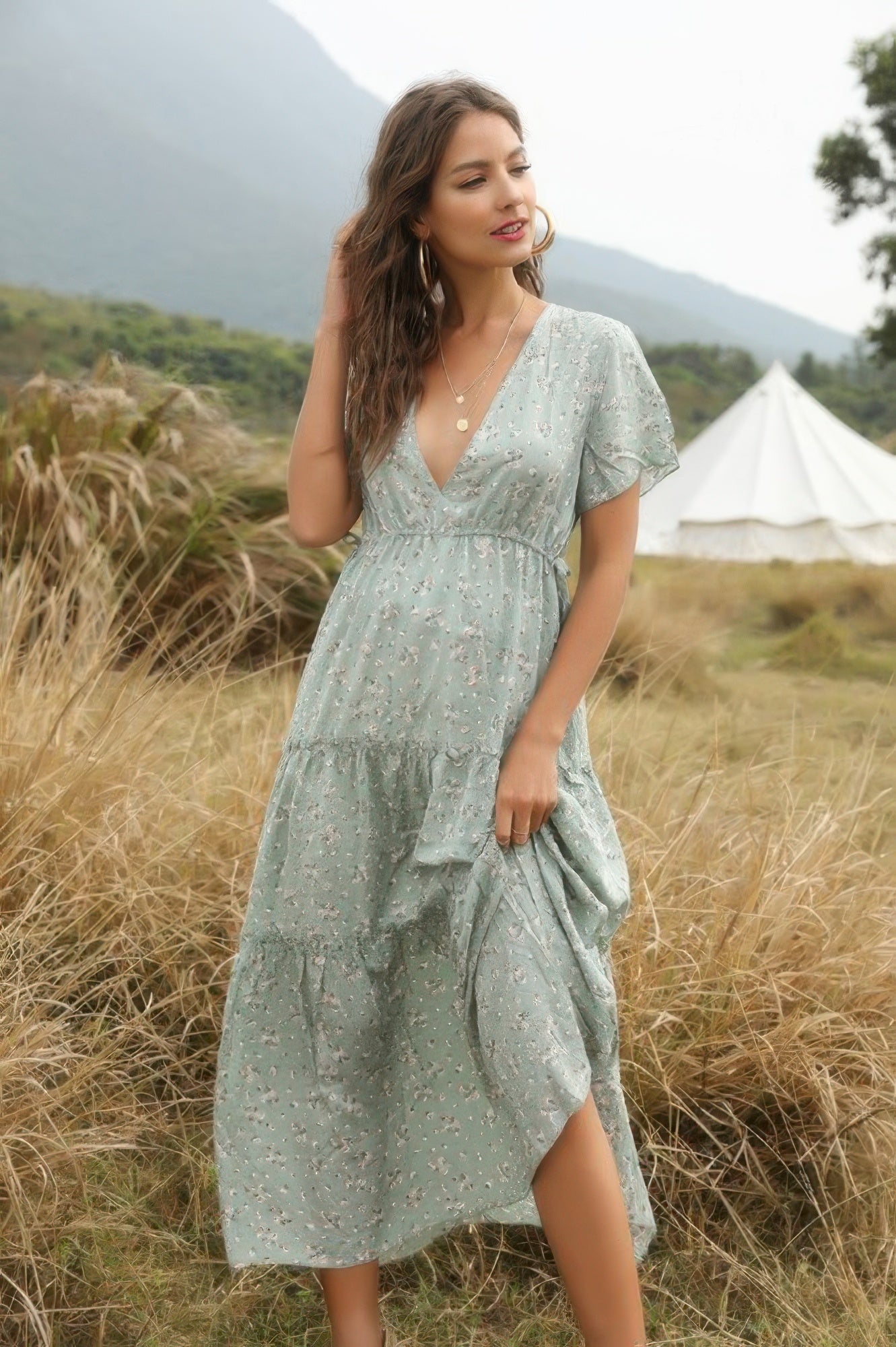 Elegant Floral Ruffle Deep V Neck Slit Dress - Tigbul's Variety Fashion Shop