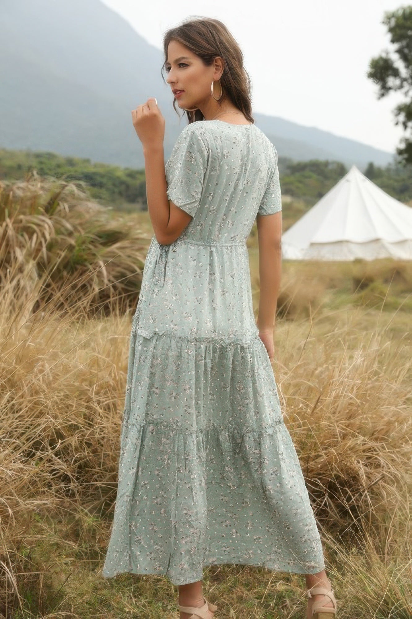 Elegant Floral Ruffle Deep V Neck Slit Dress - Tigbul's Variety Fashion Shop