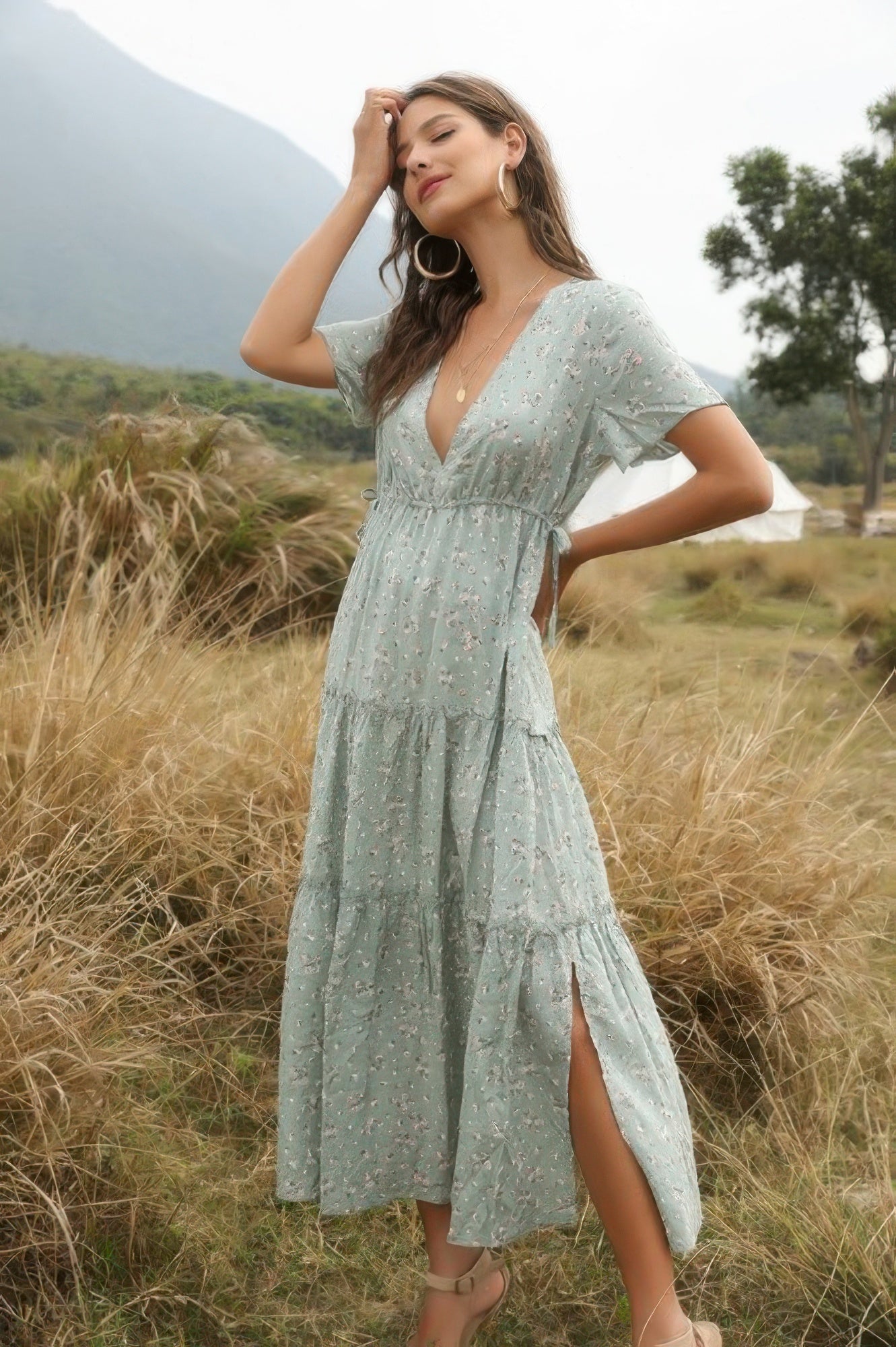 Elegant Floral Ruffle Deep V Neck Slit Dress - Tigbul's Variety Fashion Shop