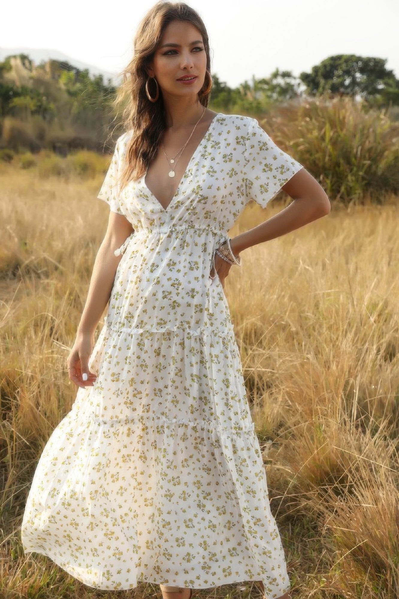 Elegant Floral Ruffle Deep V Neck Slit Dress - Tigbul's Variety Fashion Shop