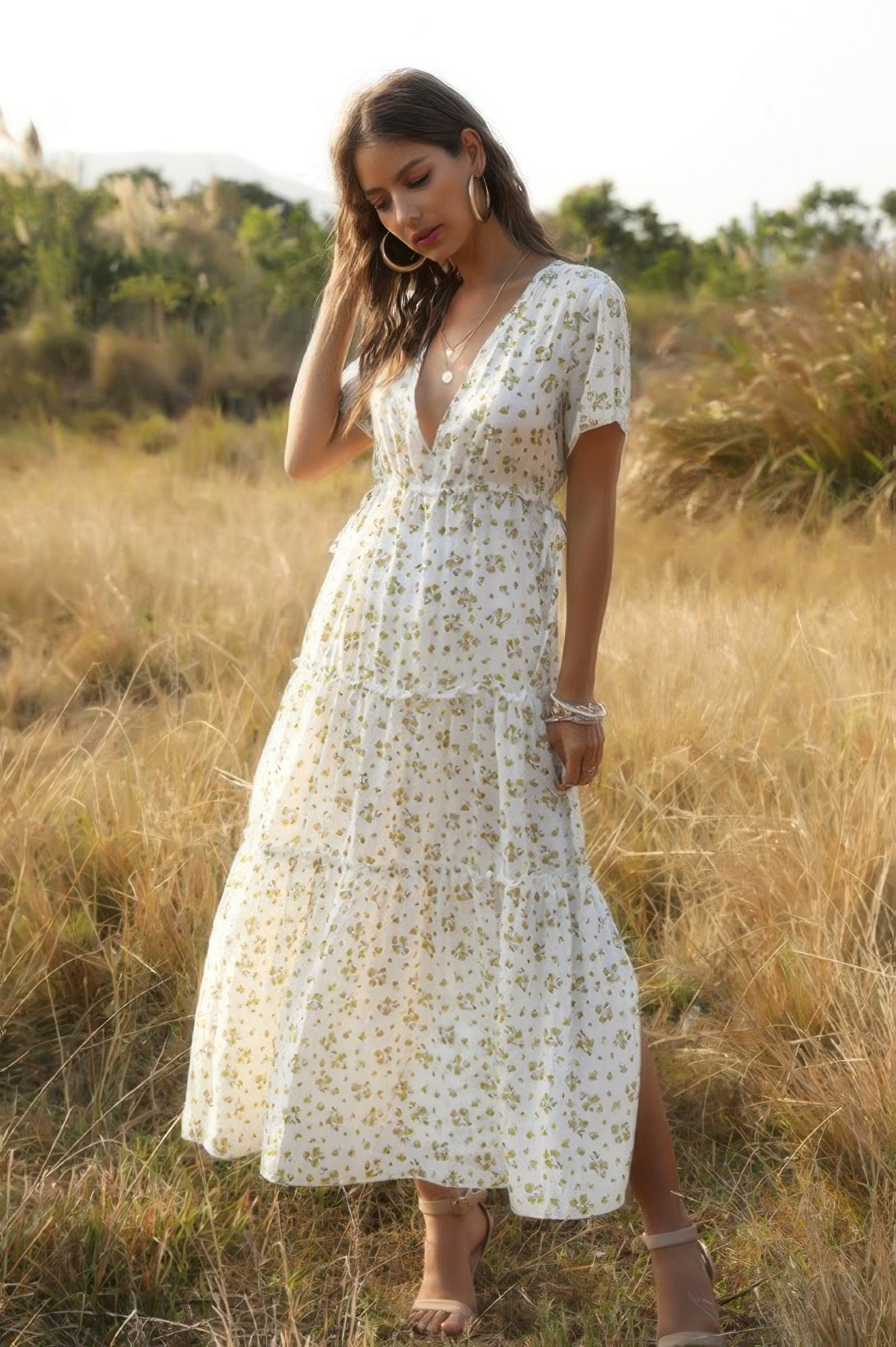 Elegant Floral Ruffle Deep V Neck Slit Dress - Tigbul's Variety Fashion Shop