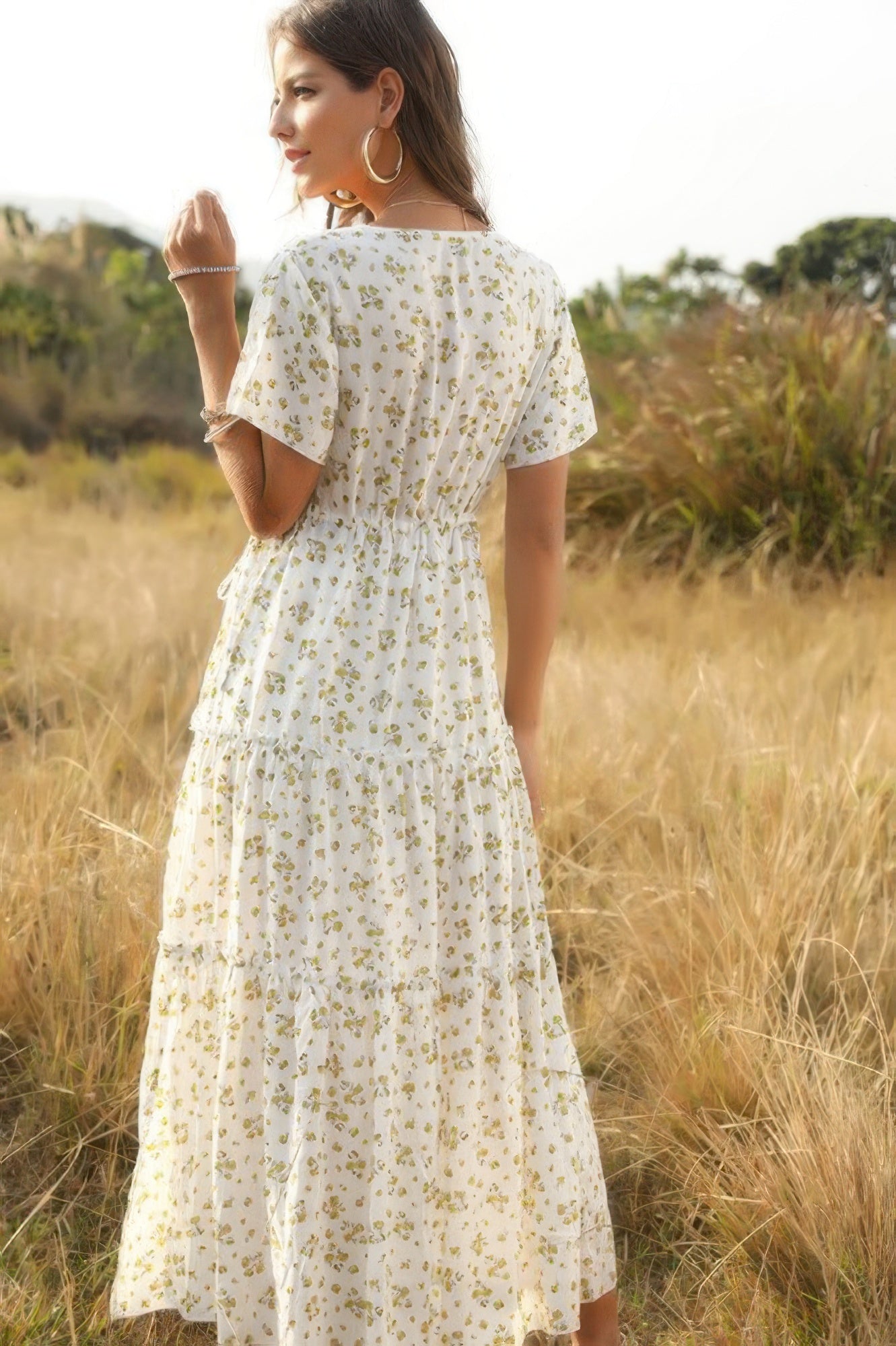 Elegant Floral Ruffle Deep V Neck Slit Dress - Tigbul's Variety Fashion Shop