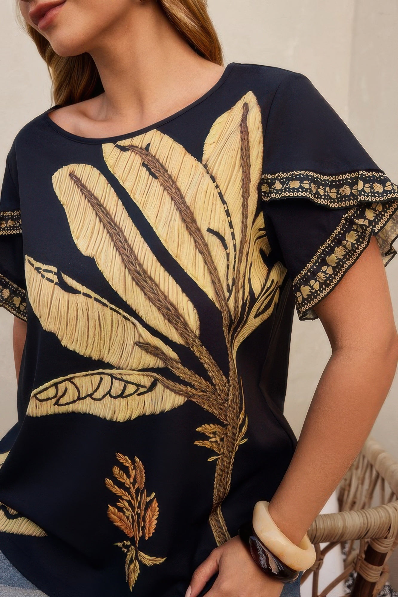 Plus Tropical Print Ruffle Hem Sleeve Blouse - Tigbul's Variety Fashion Shop