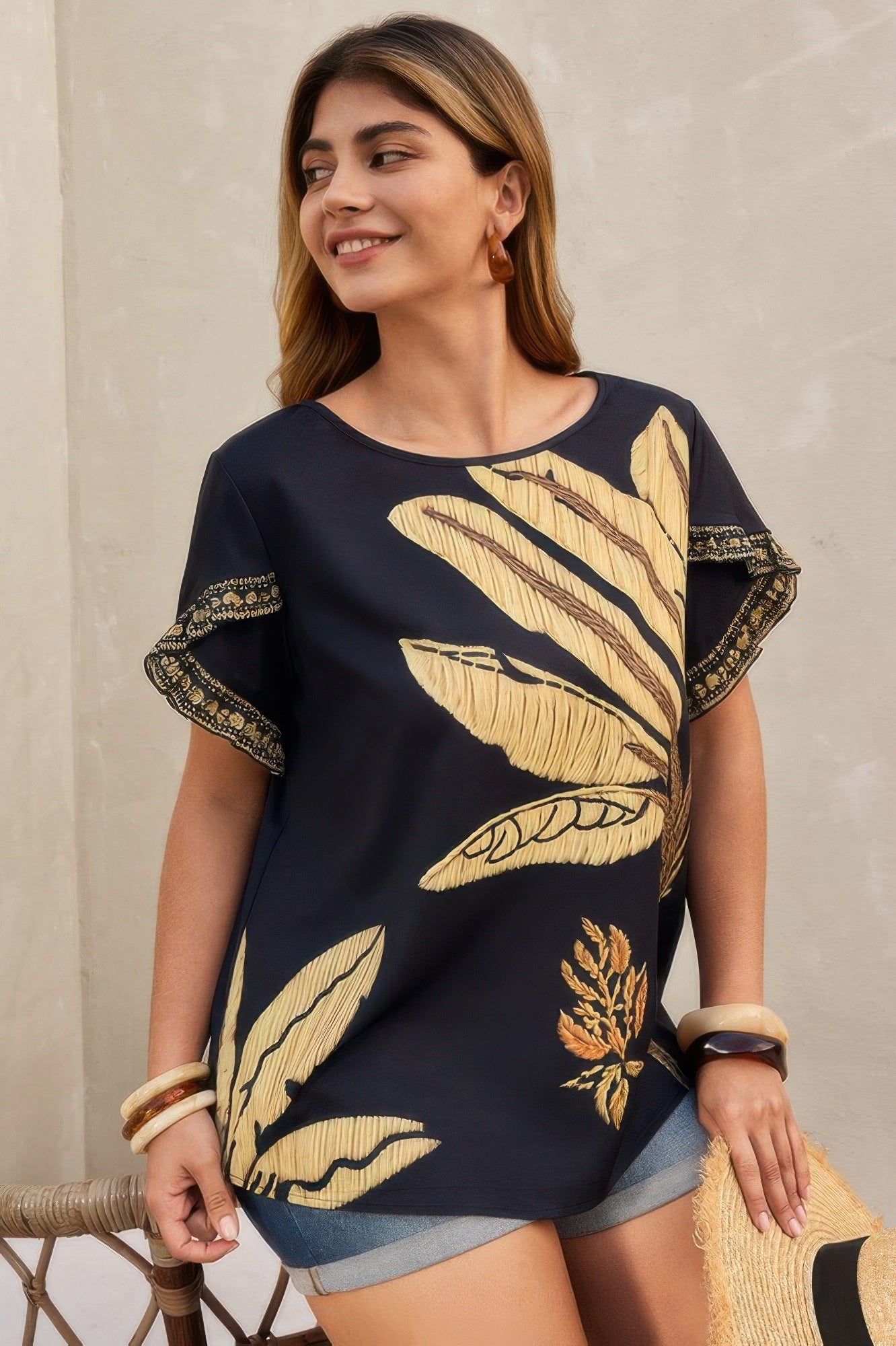 Plus Tropical Print Ruffle Hem Sleeve Blouse - Tigbul's Variety Fashion Shop