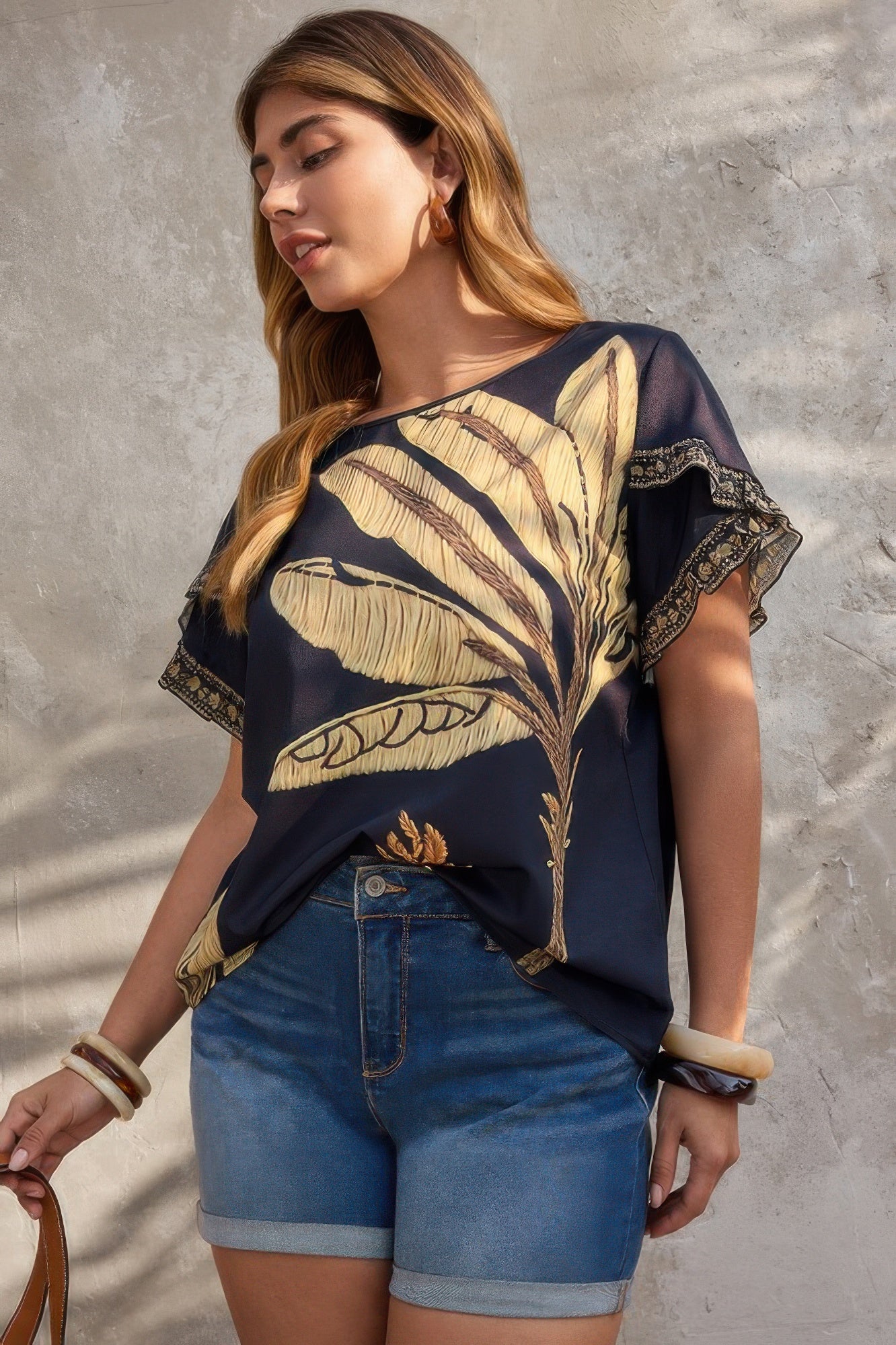 Plus Tropical Print Ruffle Hem Sleeve Blouse - Tigbul's Variety Fashion Shop