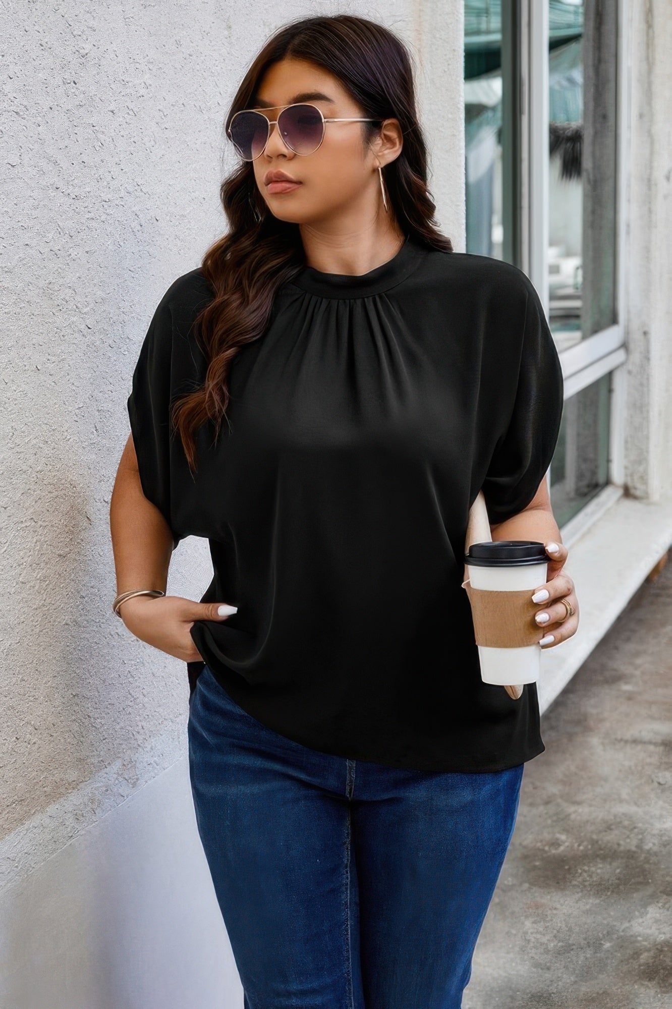 Plus Mock Neck Batwing Sleeve Loose Tunic Top - Tigbul's Variety Fashion Shop