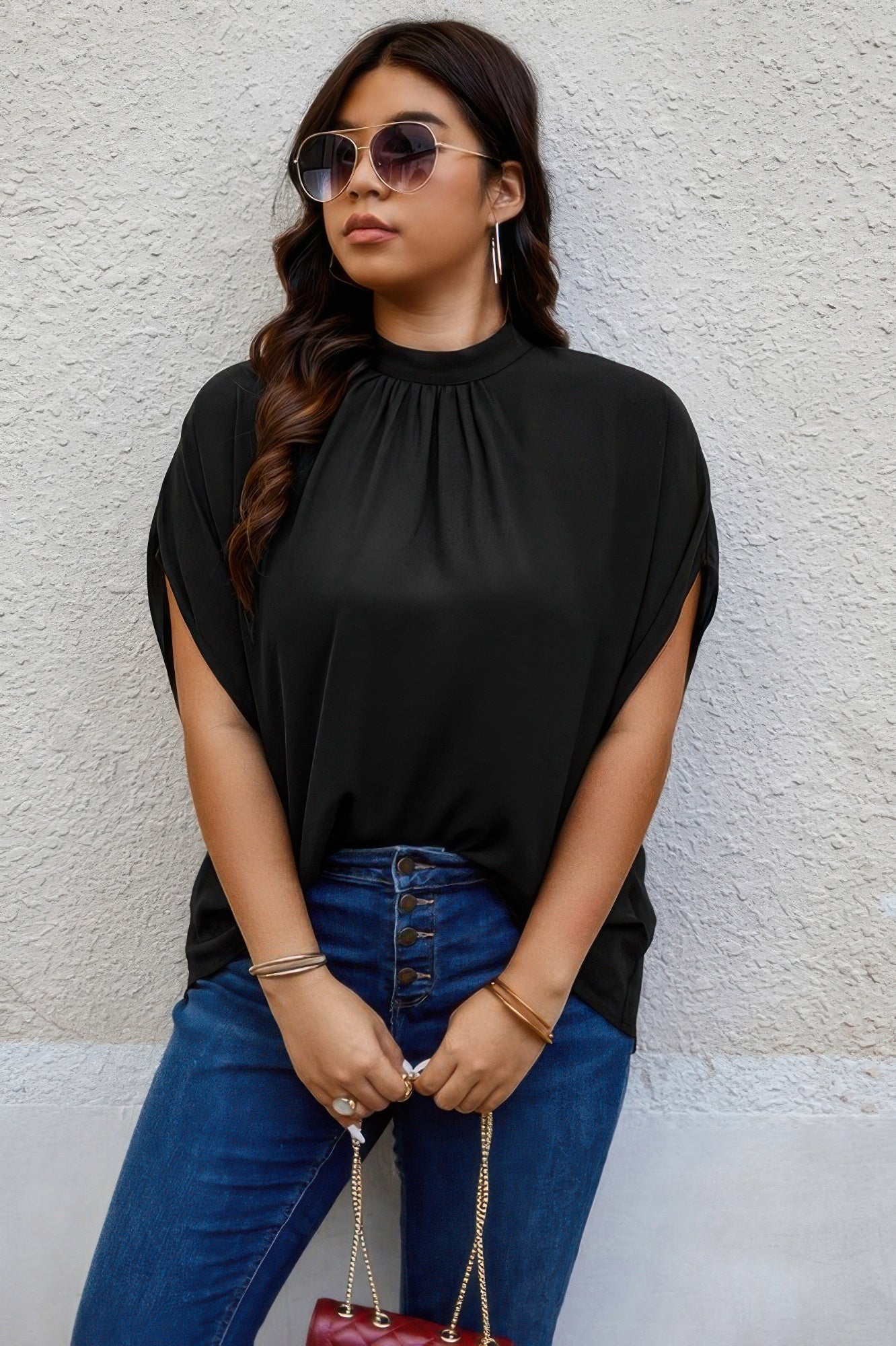 Plus Mock Neck Batwing Sleeve Loose Tunic Top - Tigbul's Variety Fashion Shop