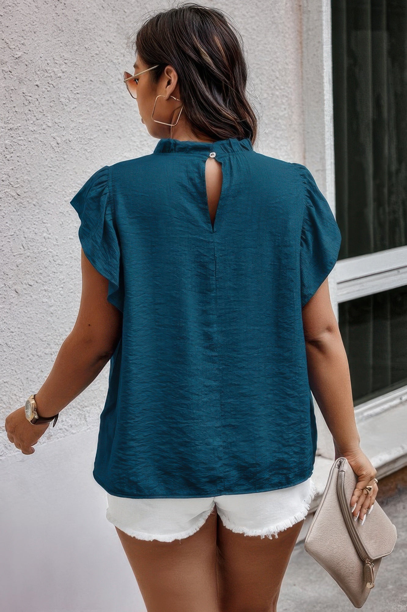 Plus Hollow Out Frill Collar Cap Sleeves Shirt - Tigbul's Variety Fashion Shop