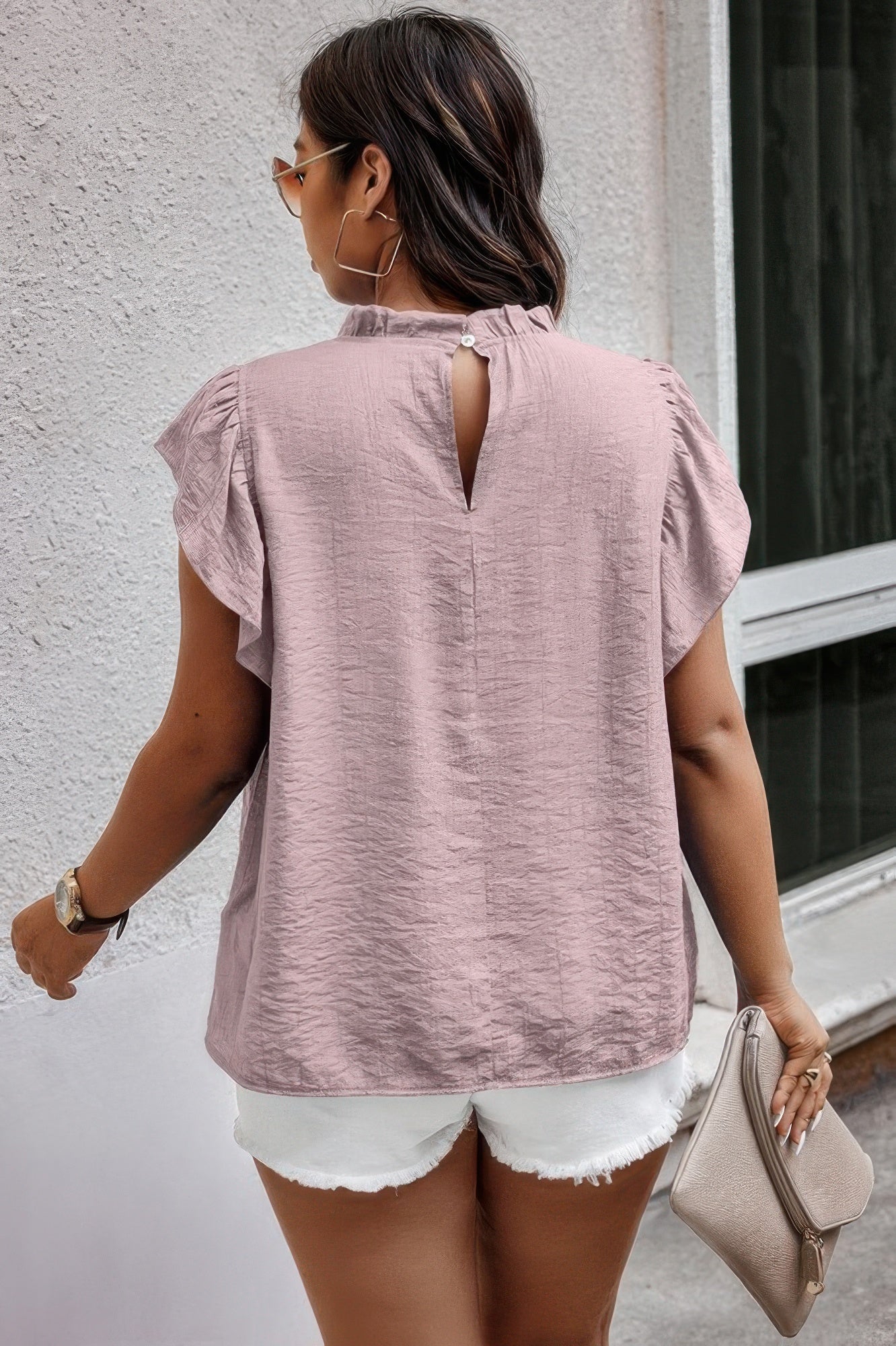 Plus Hollow Out Frill Collar Cap Sleeves Shirt - Tigbul's Variety Fashion Shop