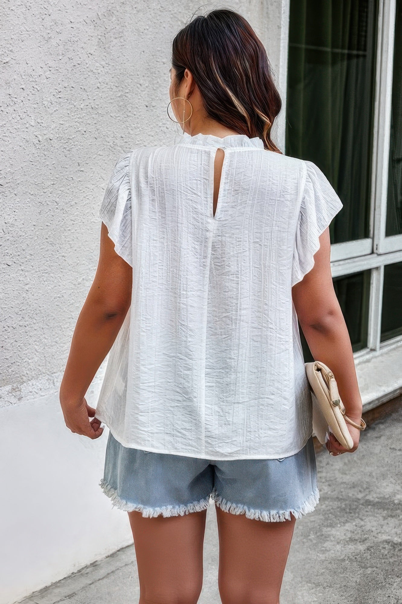 Plus Hollow Out Frill Collar Cap Sleeves Shirt - Tigbul's Variety Fashion Shop