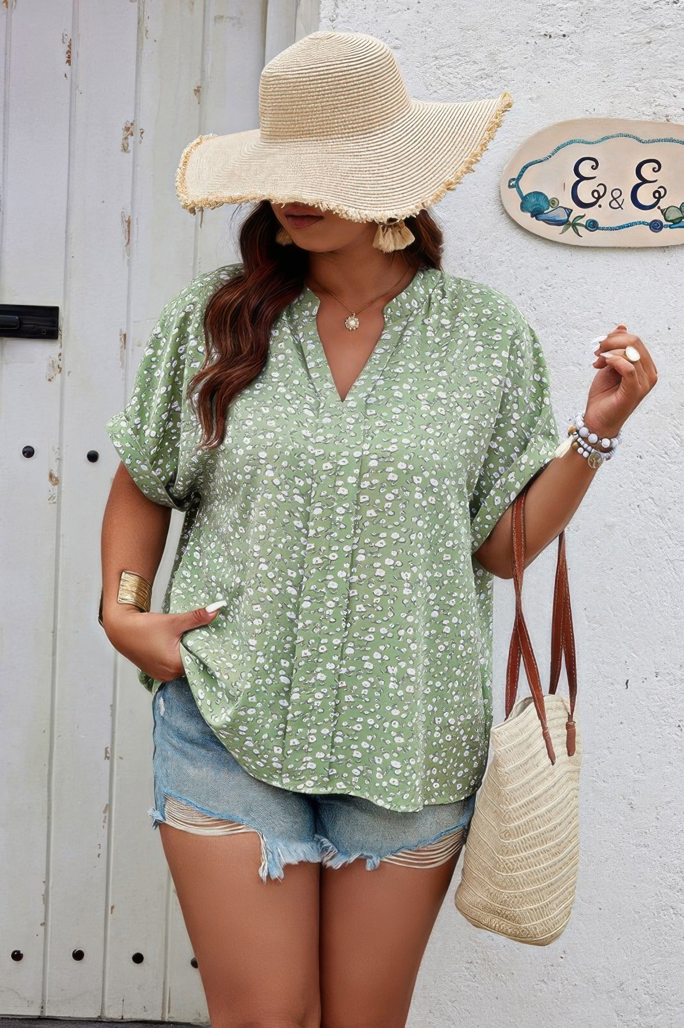 Plus Floral Print V Neck Short Sleeve Loose Blouse - Tigbul's Variety Fashion Shop