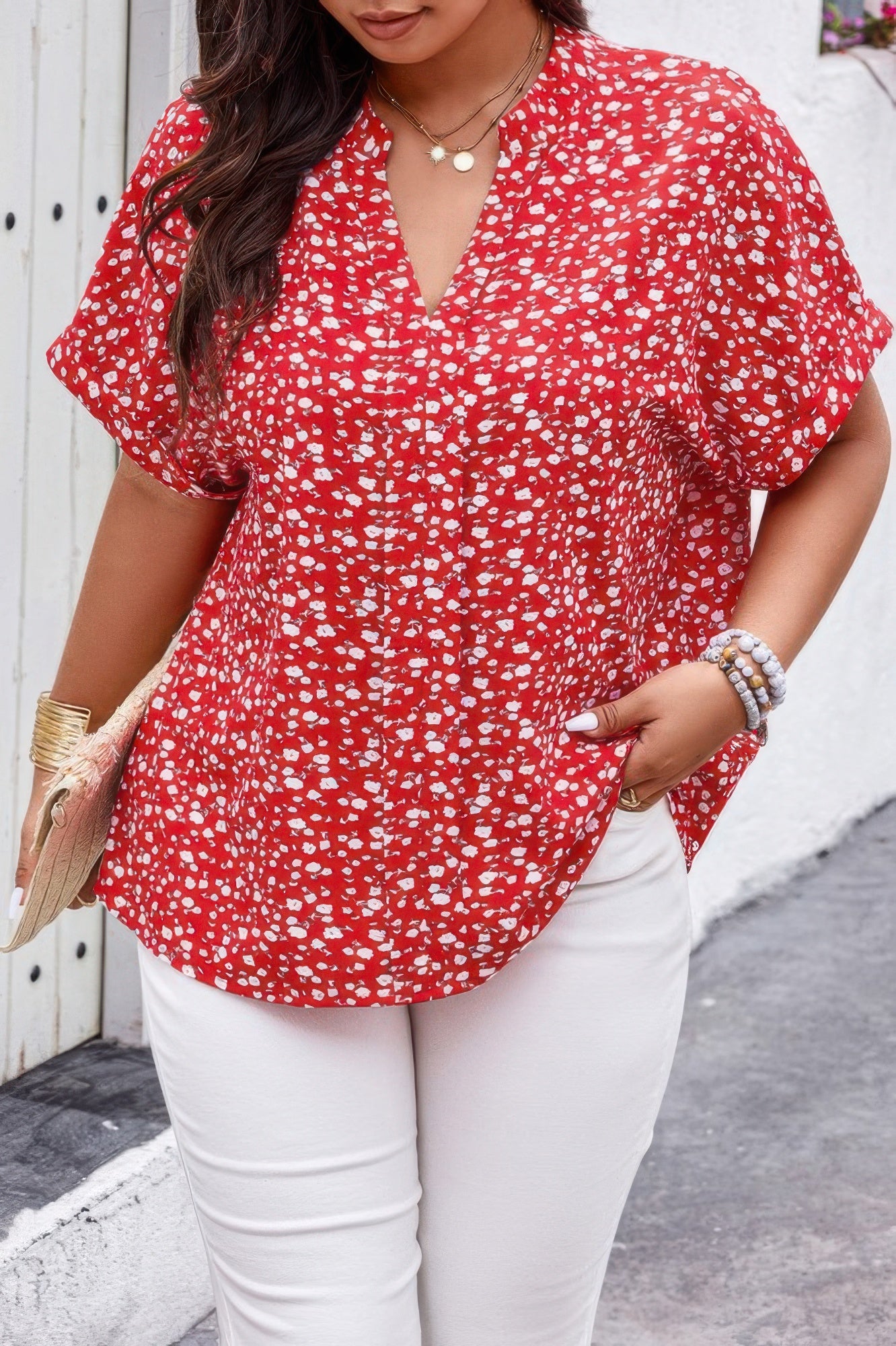 Plus Floral Print V Neck Short Sleeve Loose Blouse - Tigbul's Variety Fashion Shop