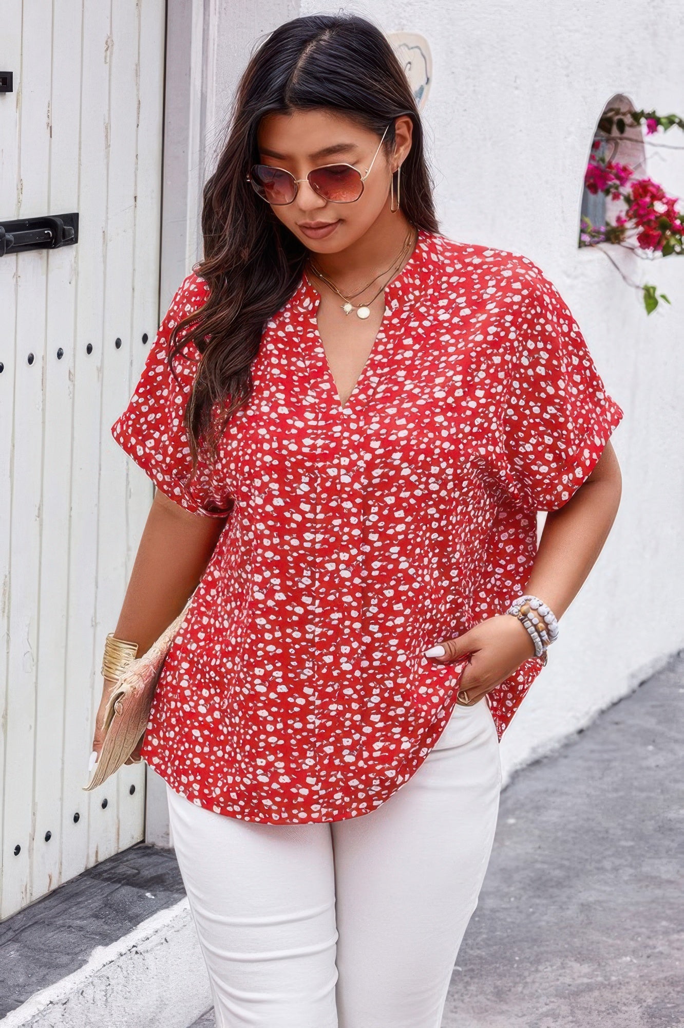 Plus Floral Print V Neck Short Sleeve Loose Blouse - Tigbul's Variety Fashion Shop