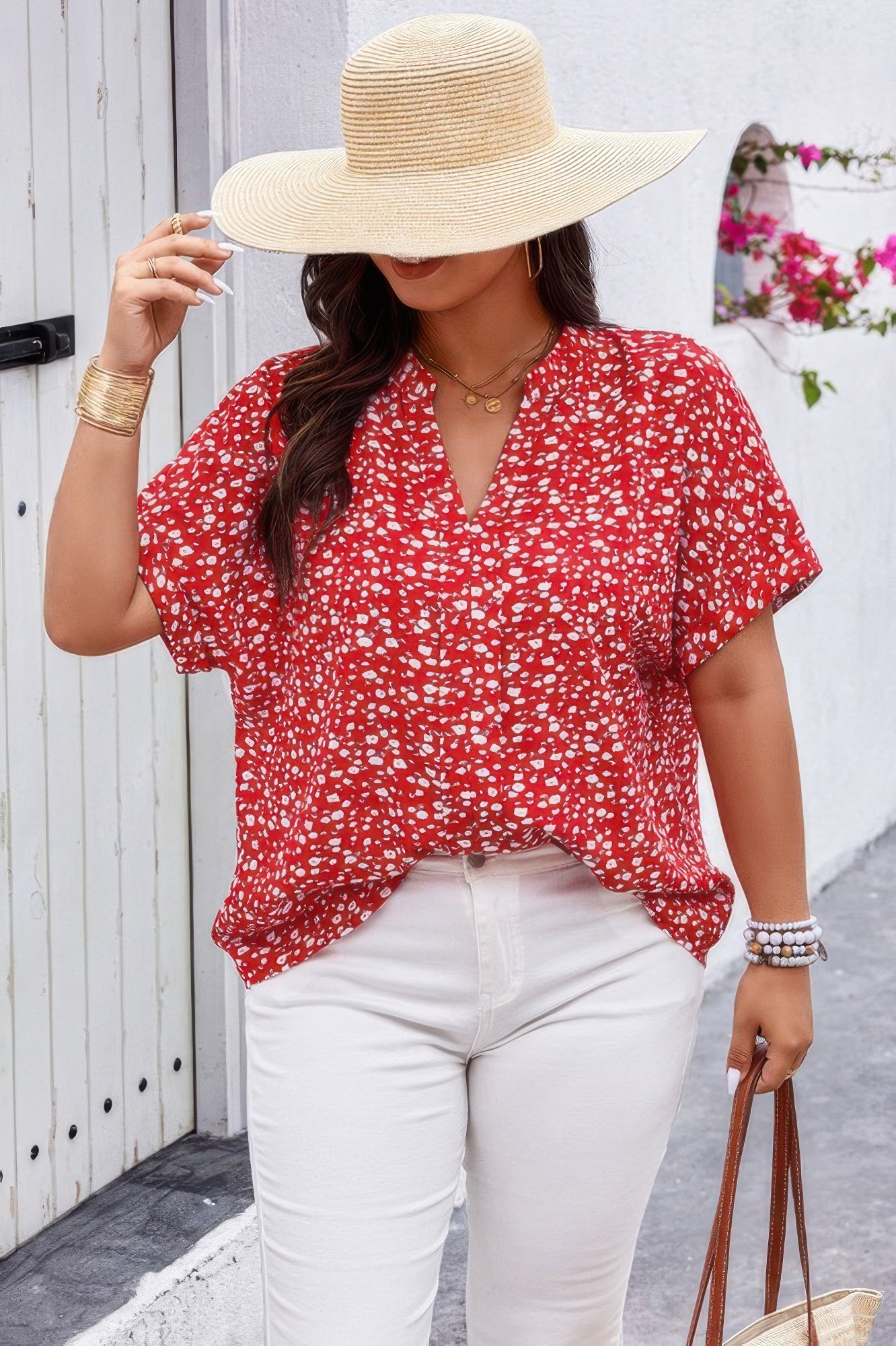 Plus Floral Print V Neck Short Sleeve Loose Blouse - Tigbul's Variety Fashion Shop