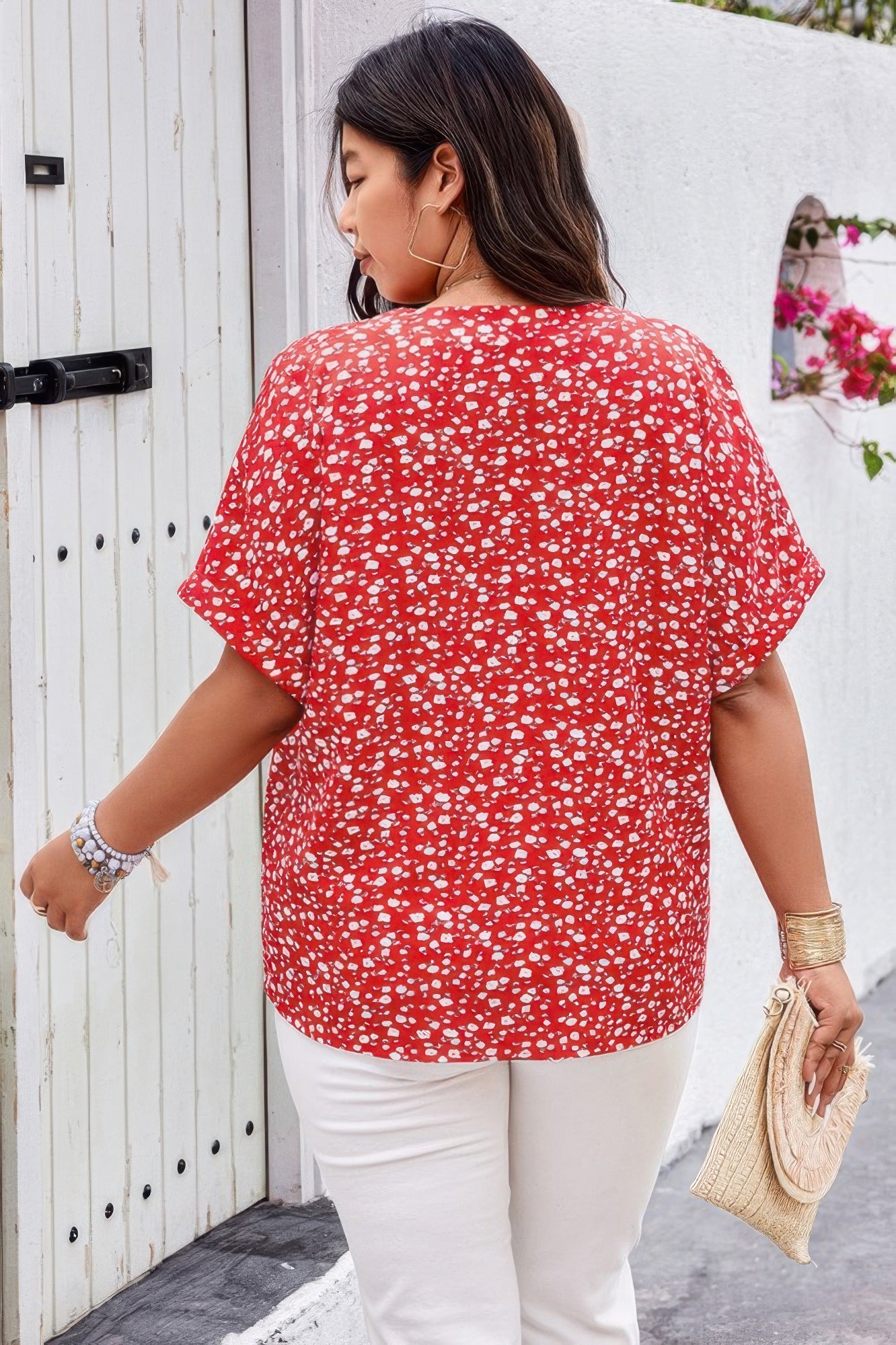 Plus Floral Print V Neck Short Sleeve Loose Blouse - Tigbul's Variety Fashion Shop
