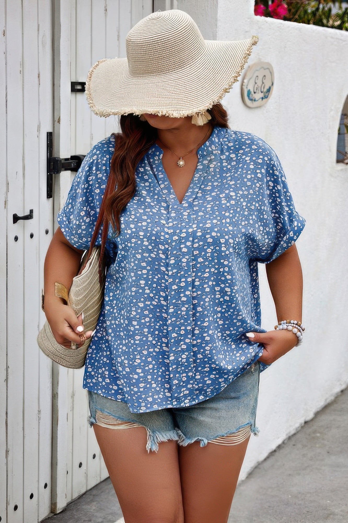 Plus Size Floral Print V Neck Short Sleeve Blouse - Tigbul's Variety Fashion Shop