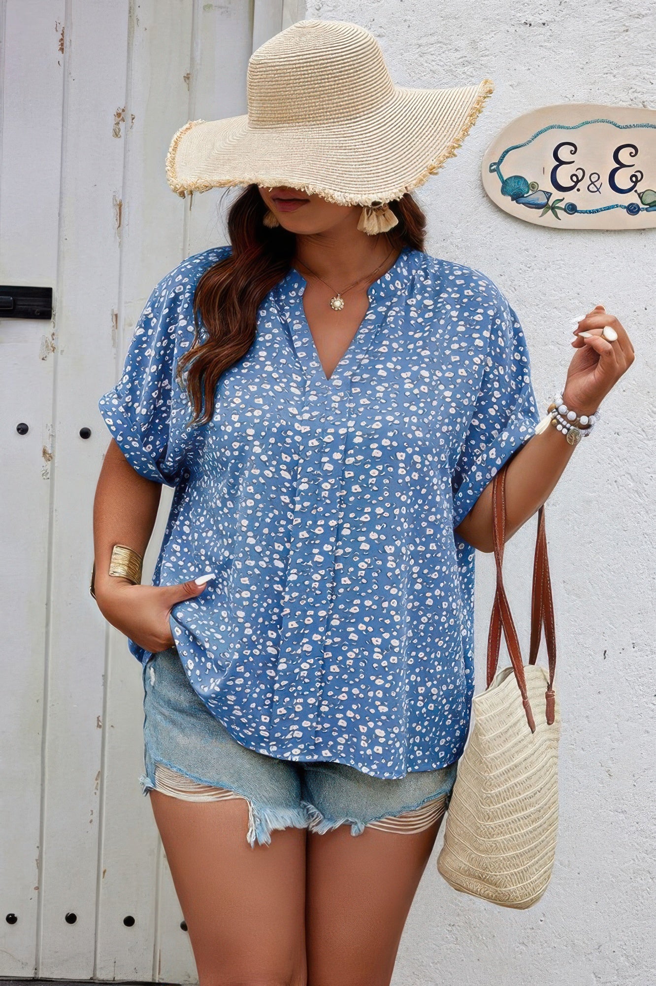 Plus Size Floral Print V Neck Short Sleeve Blouse - Tigbul's Variety Fashion Shop