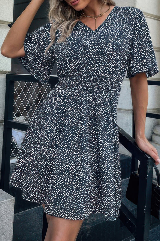 Allover Print V Neck Flounce Sleeve Fit Dress - Tigbul's Variety Fashion Shop