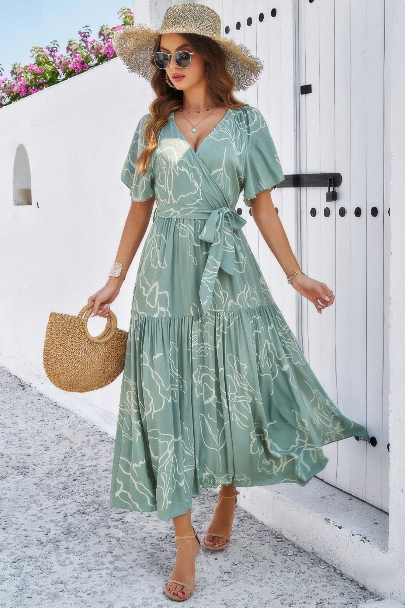 Allover Print V Neck Fit Belt A Line Long Dress - Tigbul's Variety Fashion Shop