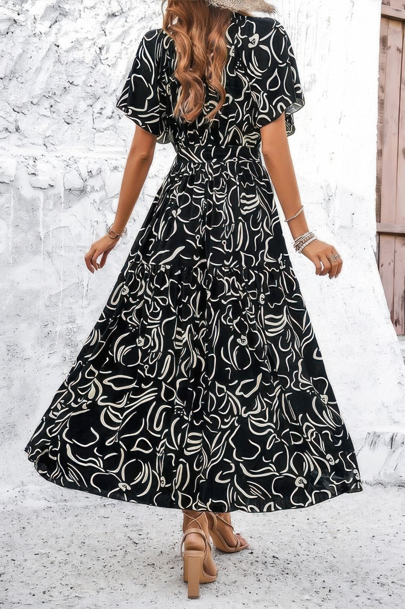 Allover Print V Neck Fit Belt A Line Long Dress - Tigbul's Variety Fashion Shop