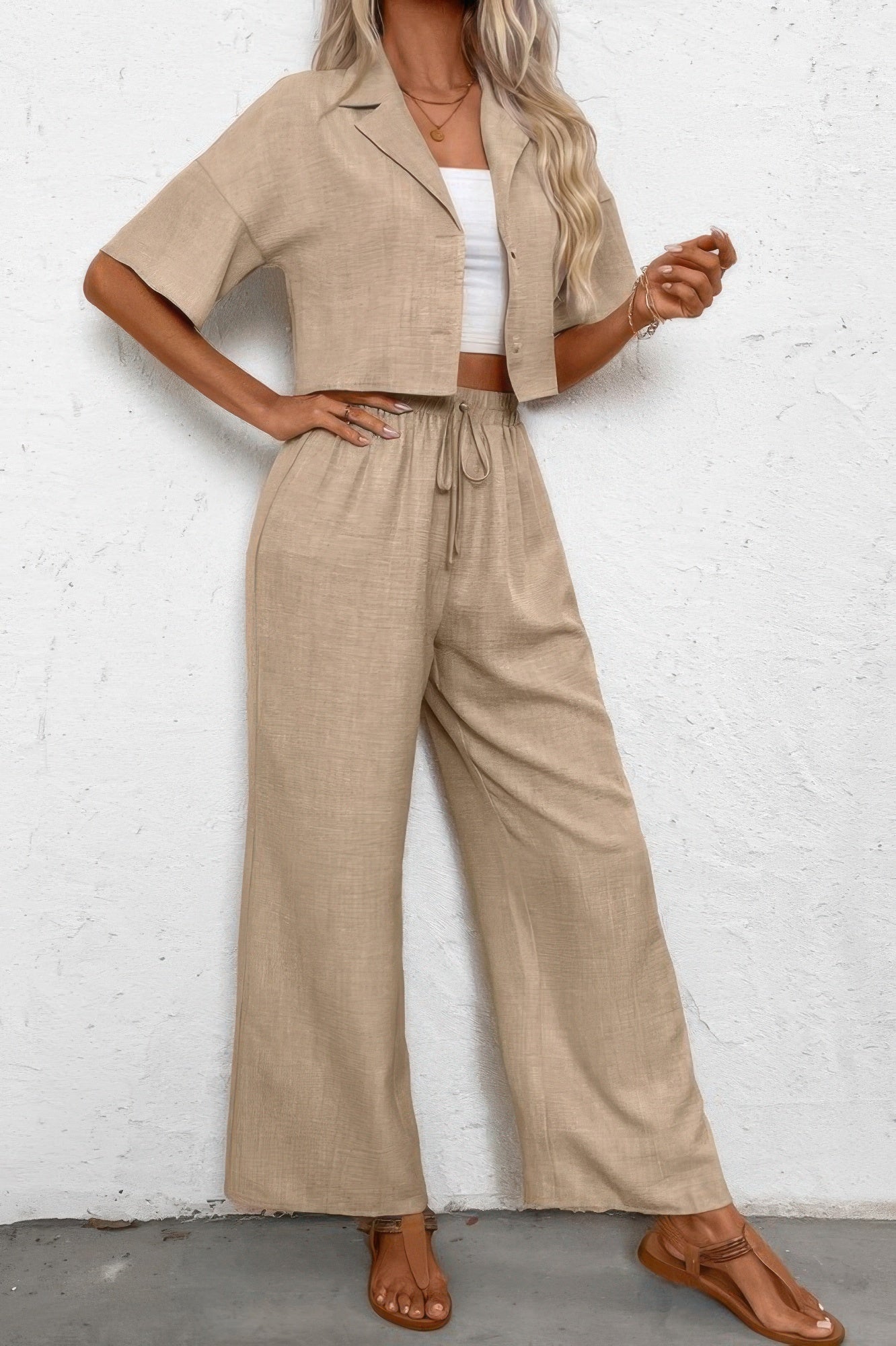 Drop Shoulder Tie Front Wide Leg Pant Set - Tigbul's Variety Fashion Shop