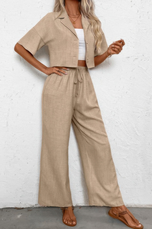 Drop Shoulder Tie Front Wide Leg Pant Set - Tigbul's Variety Fashion Shop