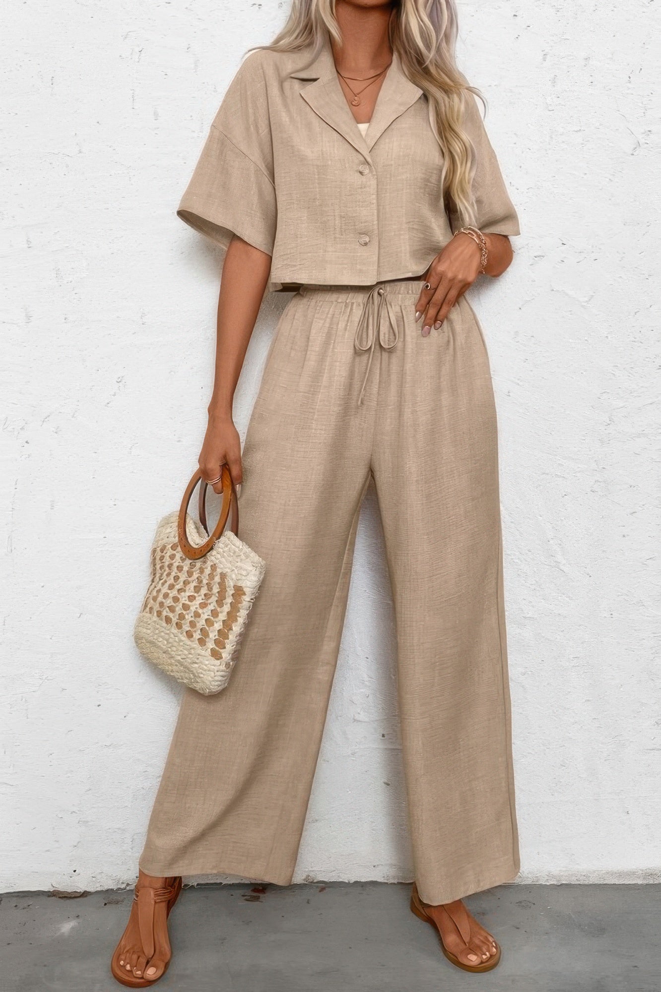 Drop Shoulder Tie Front Wide Leg Pant Set - Tigbul's Variety Fashion Shop
