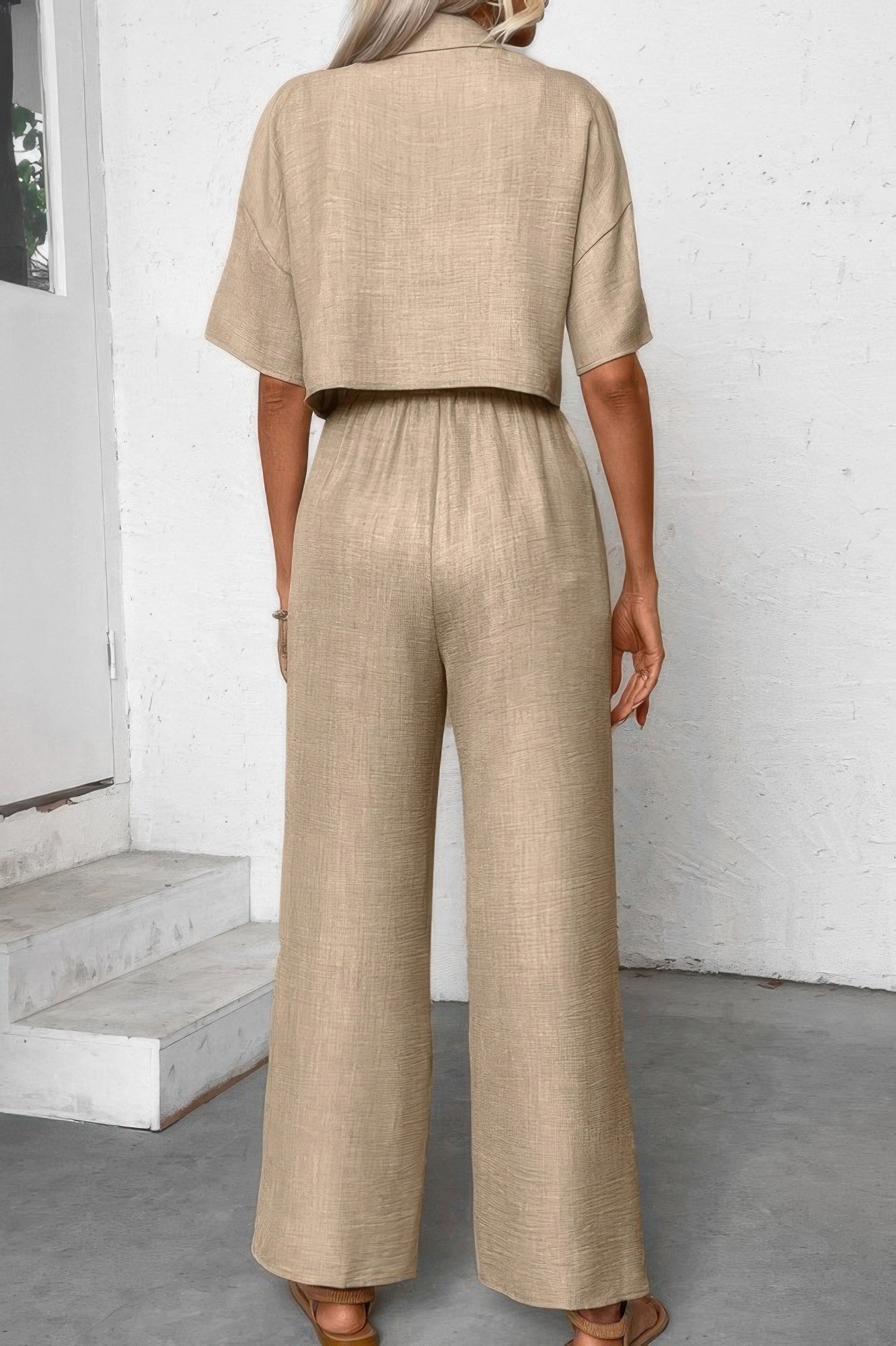 Drop Shoulder Tie Front Wide Leg Pant Set - Tigbul's Variety Fashion Shop