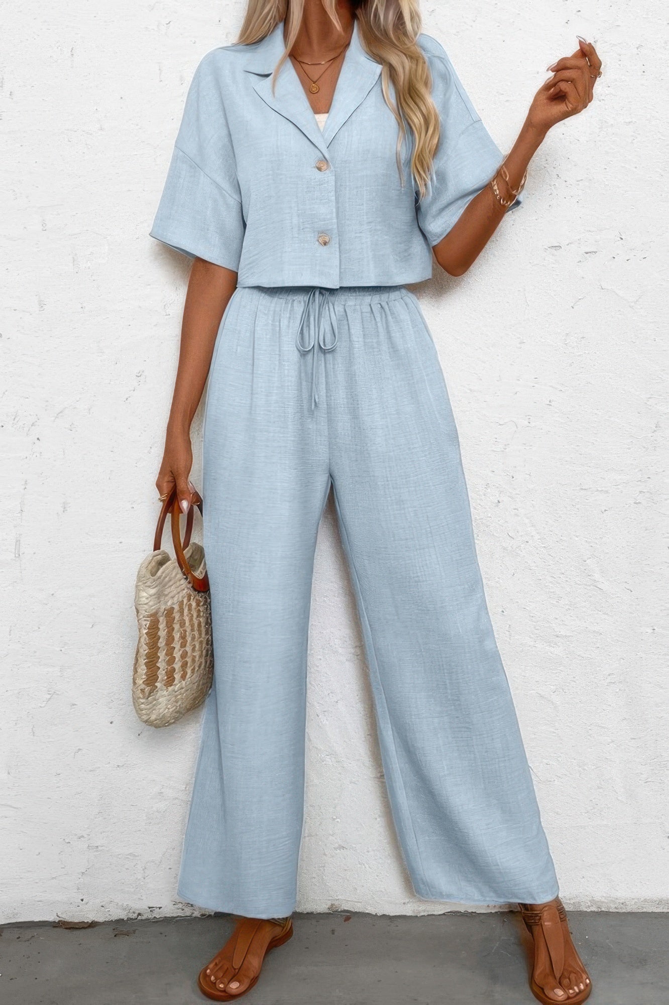 Drop Shoulder Tie Front Wide Leg Pant Set - Tigbul's Variety Fashion Shop