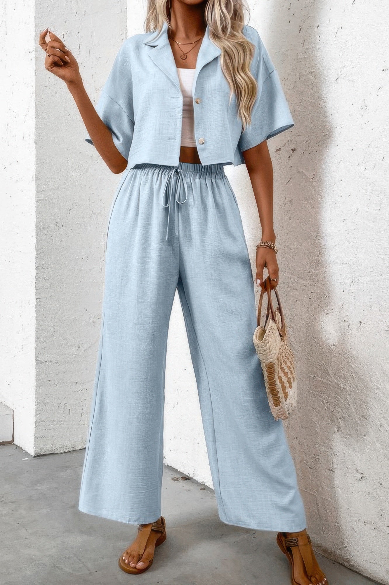 Drop Shoulder Tie Front Wide Leg Pant Set - Tigbul's Variety Fashion Shop