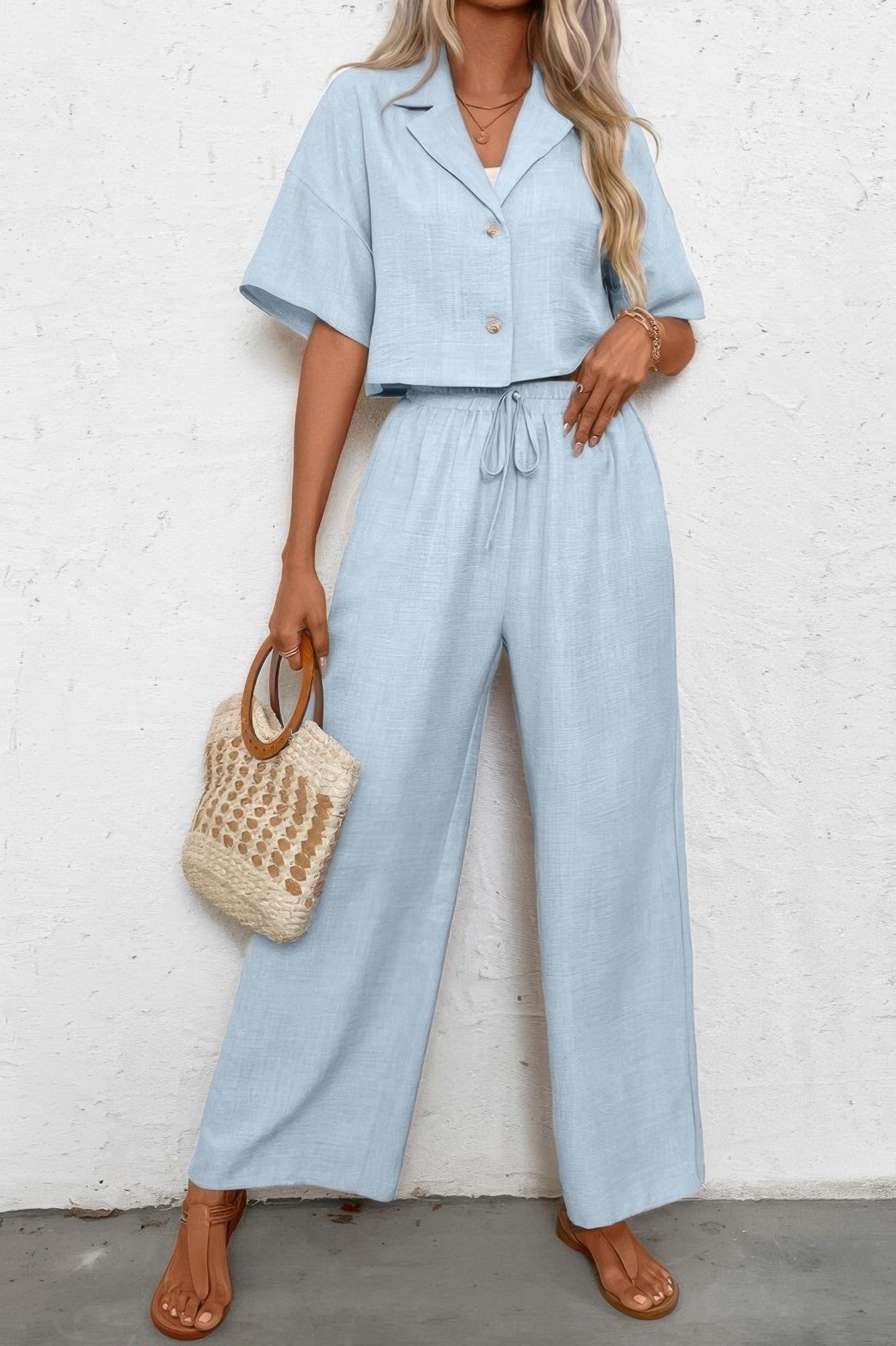 Drop Shoulder Tie Front Wide Leg Pant Set - Tigbul's Variety Fashion Shop