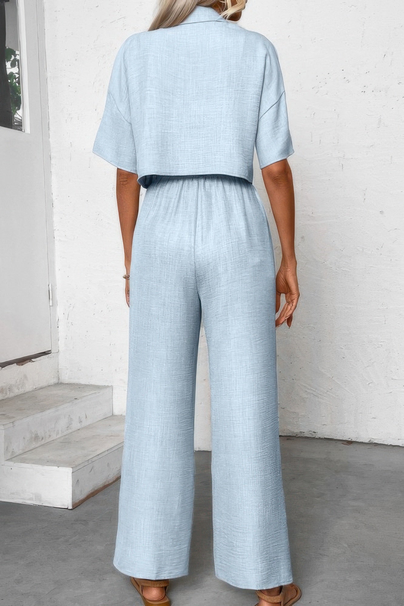 Drop Shoulder Tie Front Wide Leg Pant Set - Tigbul's Variety Fashion Shop
