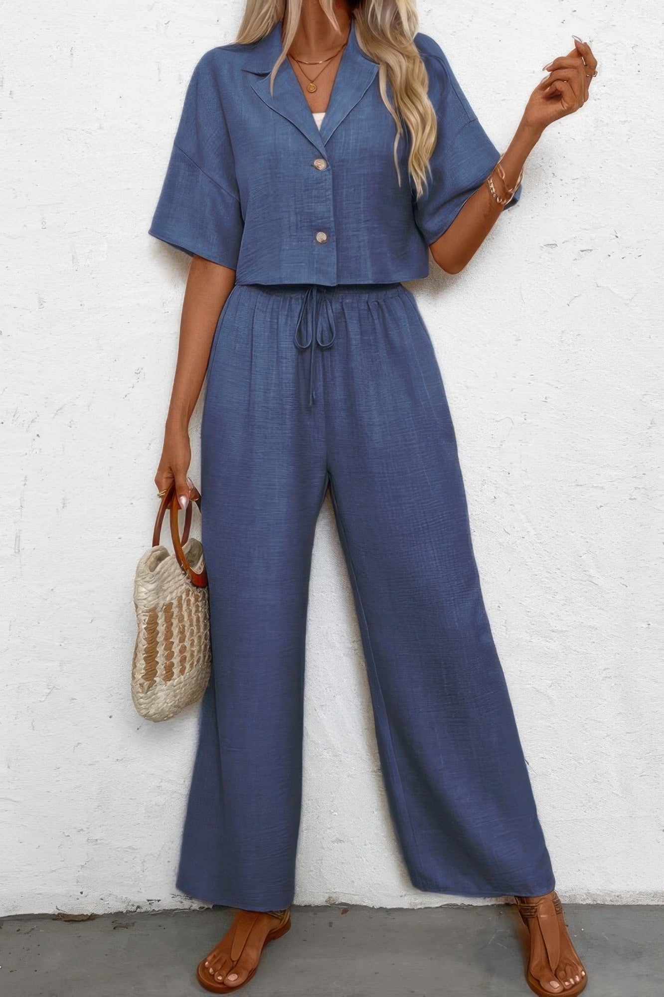 Drop Shoulder Tie Front Wide Leg Pant Set - Tigbul's Variety Fashion Shop