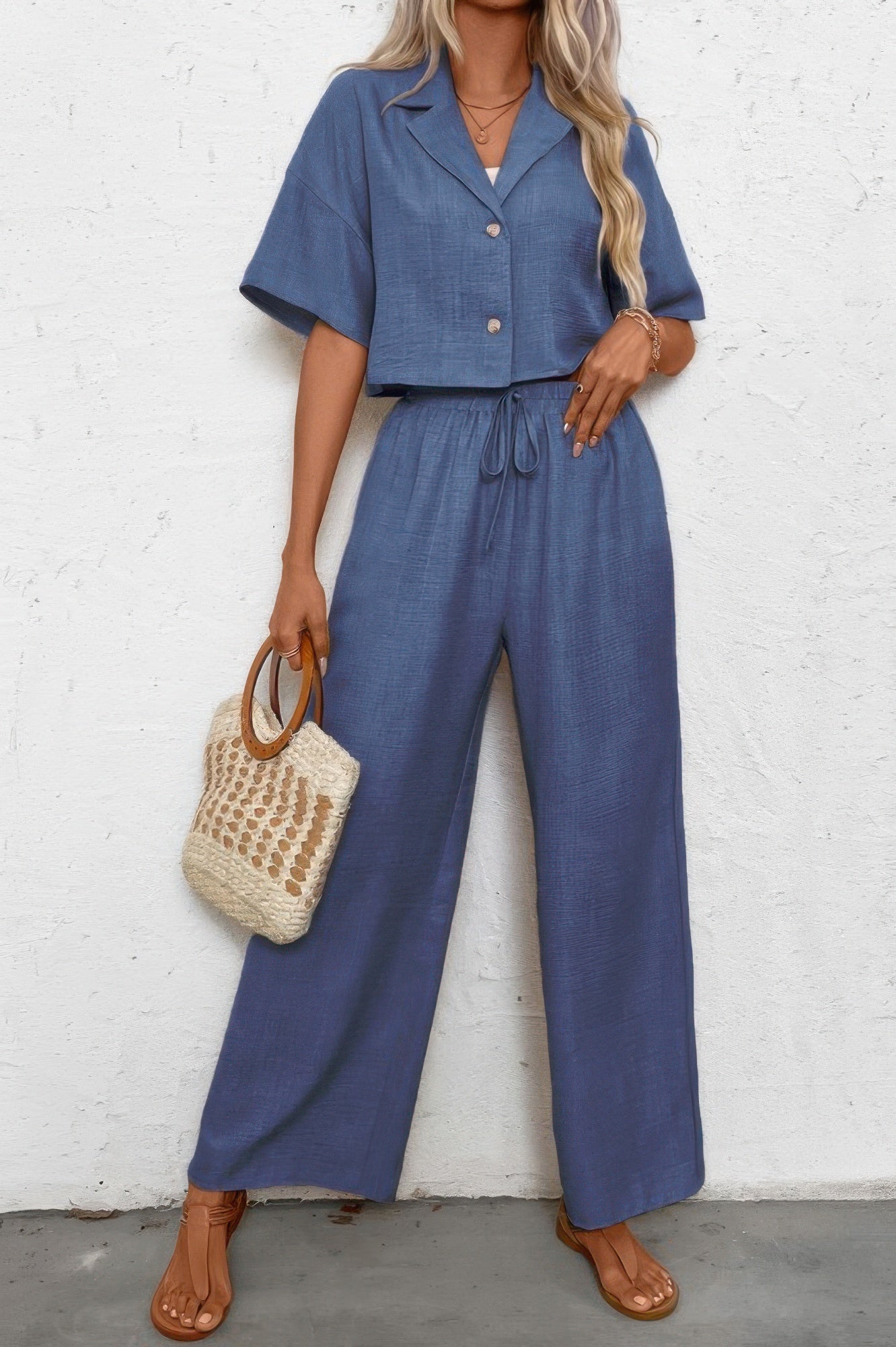 Drop Shoulder Tie Front Wide Leg Pant Set - Tigbul's Variety Fashion Shop