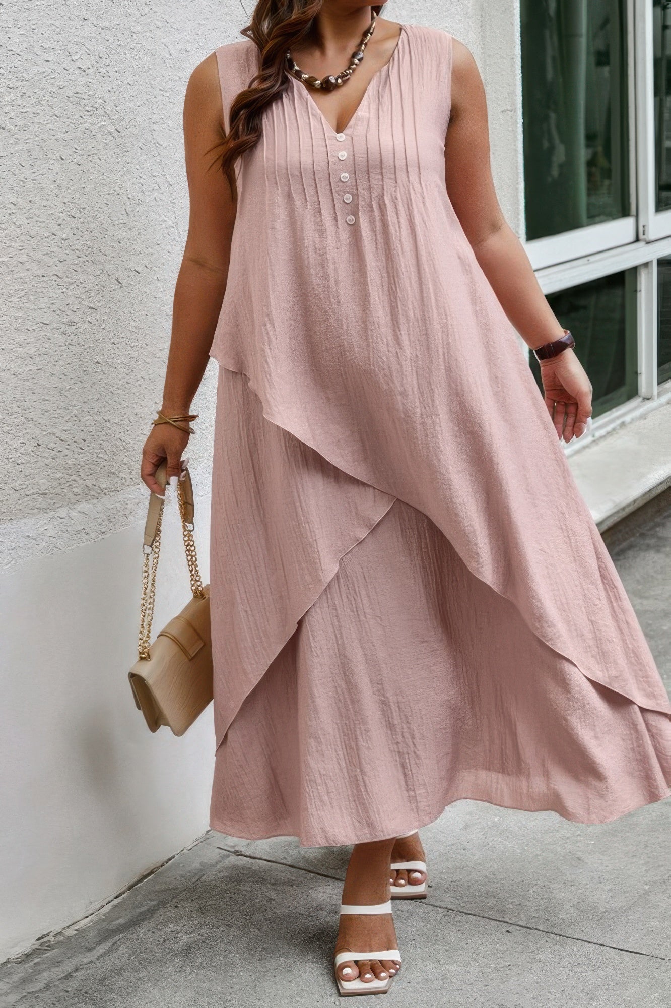 Solid Plus Notched Neck Wrap Sleeveless Loose Dress - Tigbul's Variety Fashion Shop